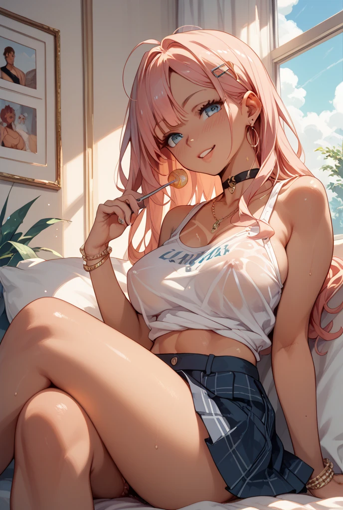 realistic image, detailed image, coherent image, 1 beautiful elf, she has very long hair, she has a black bow in her square bangs, pink hair, light blue eyes, smiling, winking, she is wearing a loose blouse, showing navel, mini jean shorts, sneakers, She has a curvy body, big breasts and thick thighs, She is sitting, sitting sensually, showing her legs, arching her back, surrounded by falling flower petals around, inside a restaurant, full body view, view from above, sunset, twilight, Soft focus, Dramatic shadows, Volumetric lighting, natural lighting,chika fujiwara