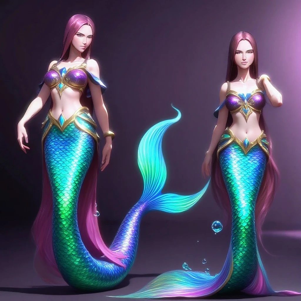 RPG Maker style active character style, mermaid, full body, lilac tones, side view, combat stance, fierce look.