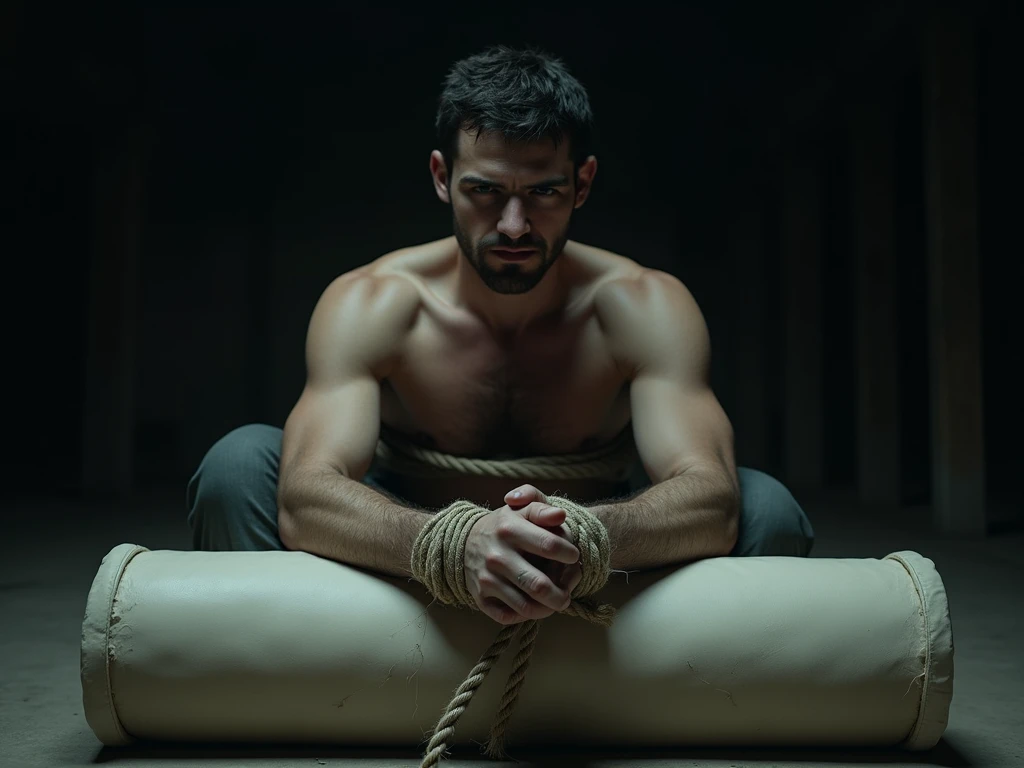 Main tied on chair rope in his waist