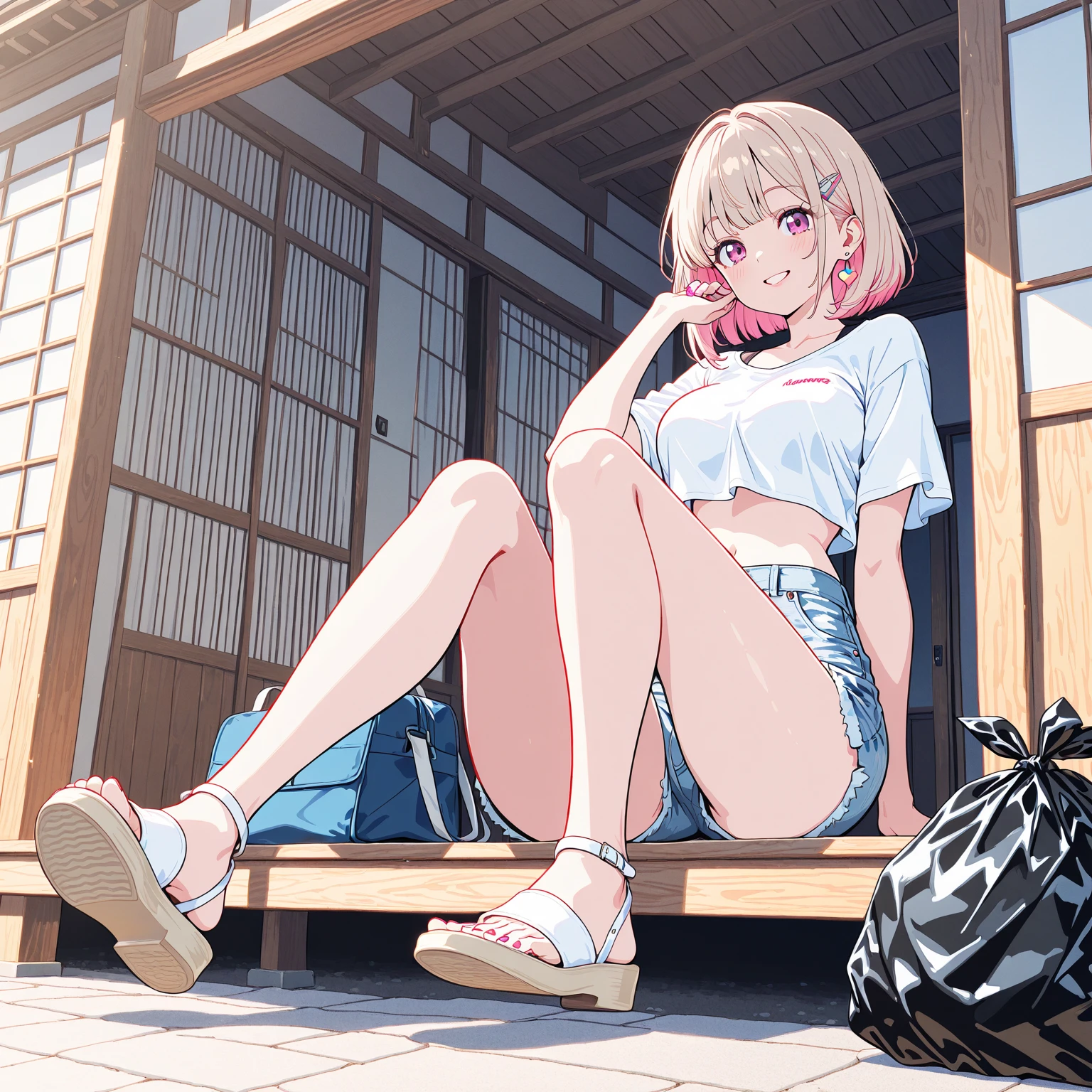 Random patterned swimsuit、,Swimsuit,Blushing、short hair、Pale red eyes、Light cream colored hair、Head to toe full body、Blushing、Embarrassed look、Composition from the front、A view from slightly below、school swimwear、Acme Face、Random pose、, 、nsfw、Highest quality、1 girl、solo、Ocean、Sandy Beach、Sexy pose、Random pose、Blushing、wet、Embarrassed、I can see half of my 、、One piece swimsuit、(Strap slip:1.3)、