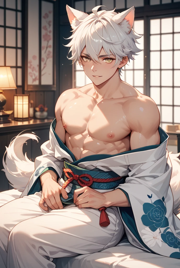 cute male, cat ears, cat tail, looking at camera, smiling, white hair, shirtless, white underwear, sitting on bed, japanese house, 4 , cute boy, , no shirt