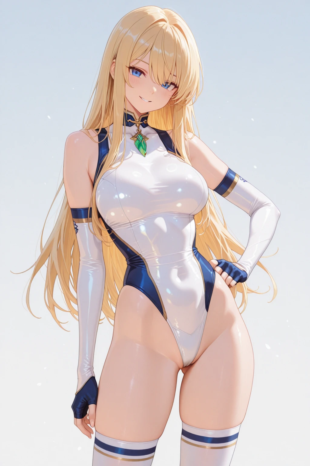 masterpiece, best quality, ultra-detailed,hyperrealistic,shiny skin,1girl,forehead,(plain forehead),blonde hair,long hair,straight hair,twintail,blue eyes,small breasts,,smile,standing,thigh gap,leotard, white background,arms behind head,






