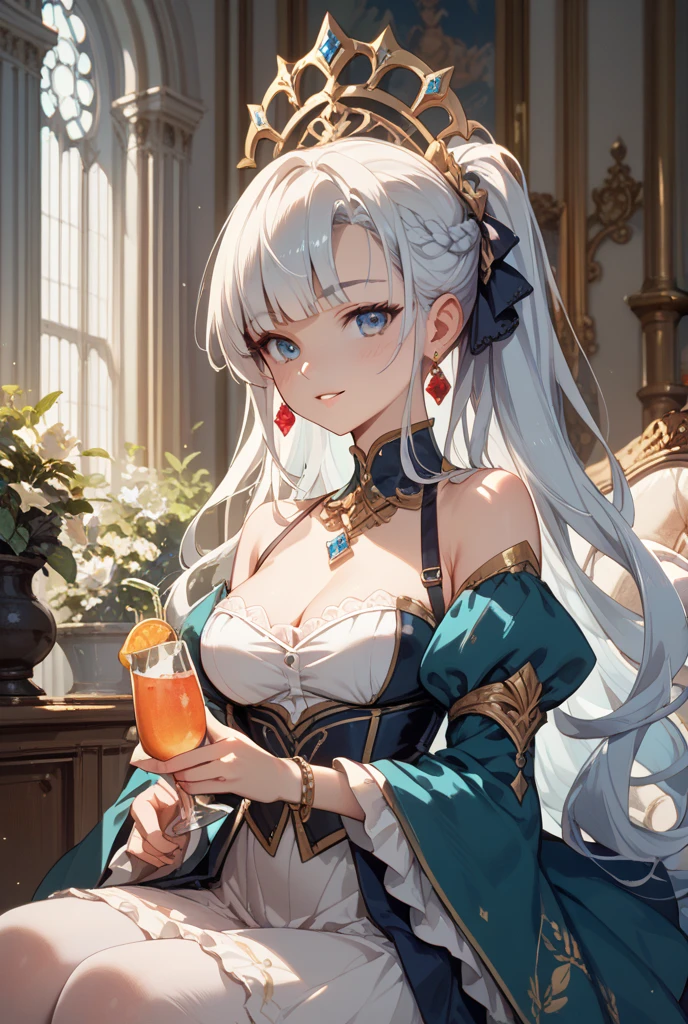 Gray Hair, Gray Eyes, ponytail, Royalty, Red Jewelry, Red Earrings, Lunar, Nobility, Nobleman, High Quality, Highly Detailed, Detailed Face, Masterpiece, Castle, Drinking Tea, Garden, Flowers, Lights