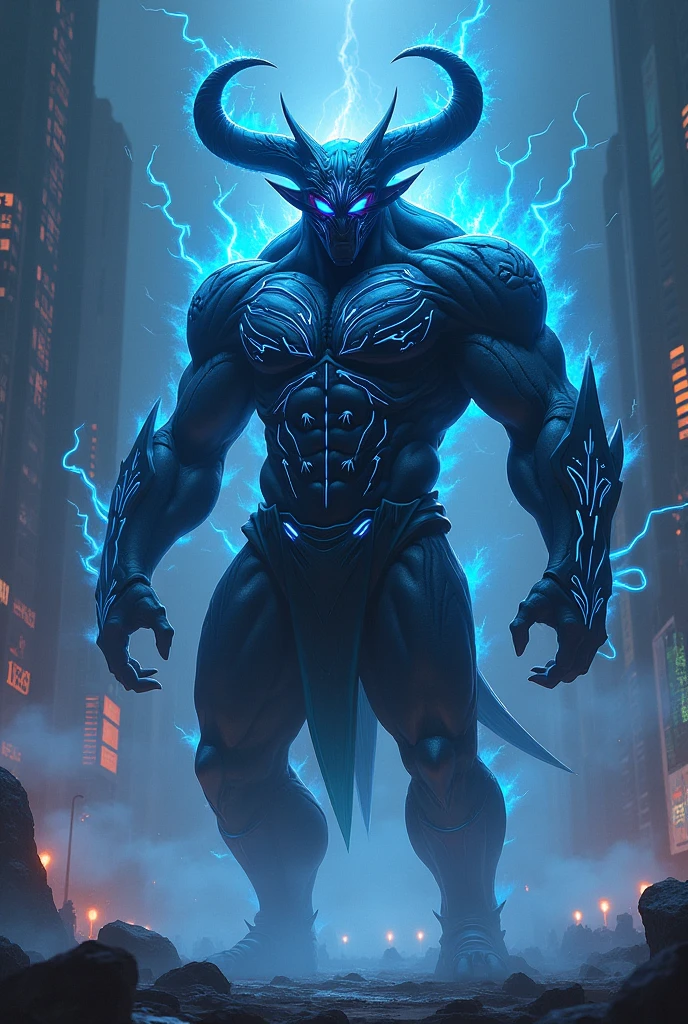 (Demon Dragon and Demon Tiger Doomsday Battlefield, blue and black lightning particles emitting around), 3D rendering, movie special effects, movie lighting, background in ruined city, clear HD, 8K resolution, very detailed, digital painting, concept art, Shinkai Makoto style, pop popularization trend, pop, pop trend, pop trend on pixiv.