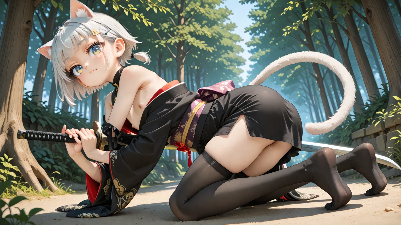 (8k, Realistic, RAW Photos, Highest quality, (from below:2), View your viewers: 1.3), (Fox Girl, Fox Ears, Silver Hair, One Girl, Long Hair, (Alone on the screen, dark skin), High definition:1.6), (Bikini Armor:1.8), (Body measurements are 99-55-77!, Height: 145cm, Nice body, Big Breasts, slender, muscle, (Stand with your legs apart, I can see the valley, bent over):1.9),(美しいface, Delicate drawing, It is written down in detail), Avatar, face, 色っぽいface, Dominant representation, naughty face, Uplifting, Skin Texture, outside, ruins, Ruined City, Broken Building, There are no people