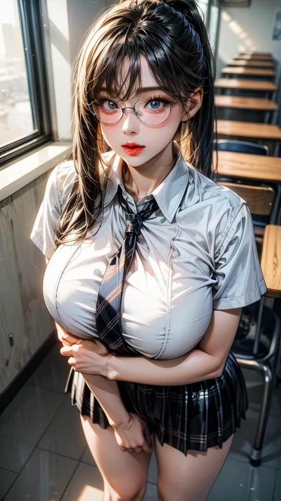 Top image quality、Raw photography、超A high resolution、18-year-old Korean、Glasses beauty、Colossal tits:1.3、cleavage of the breast:1.5、Nurse、Nurse_uniform、fair white skin、shiny white skin、(short bobbed hair)、bright silver hair、bright white hair、Beautiful eyes with random colors、very thin lips、beautiful eyes finely detailed、elongated eyes、pale pink blush、long eyeslashes、Beautiful double eyelids、eyeshadows、耳Nipple Ring、Fashionable glasses、Lighting that emphasizes beautiful skin、Lustrous skin