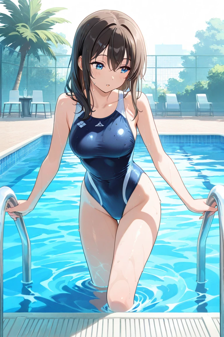 (masterpiece、Highest quality、In 8K、High resolution:1.2)、alone、One Girl、  Fumika Sagisawa、Feeling embarrassed、Look at the viewers、whole body、Transparent competitive swimsuit、Transparent racing swimsuit、Glossy body、Wet body、Daytime、Poolside、Low - Angle