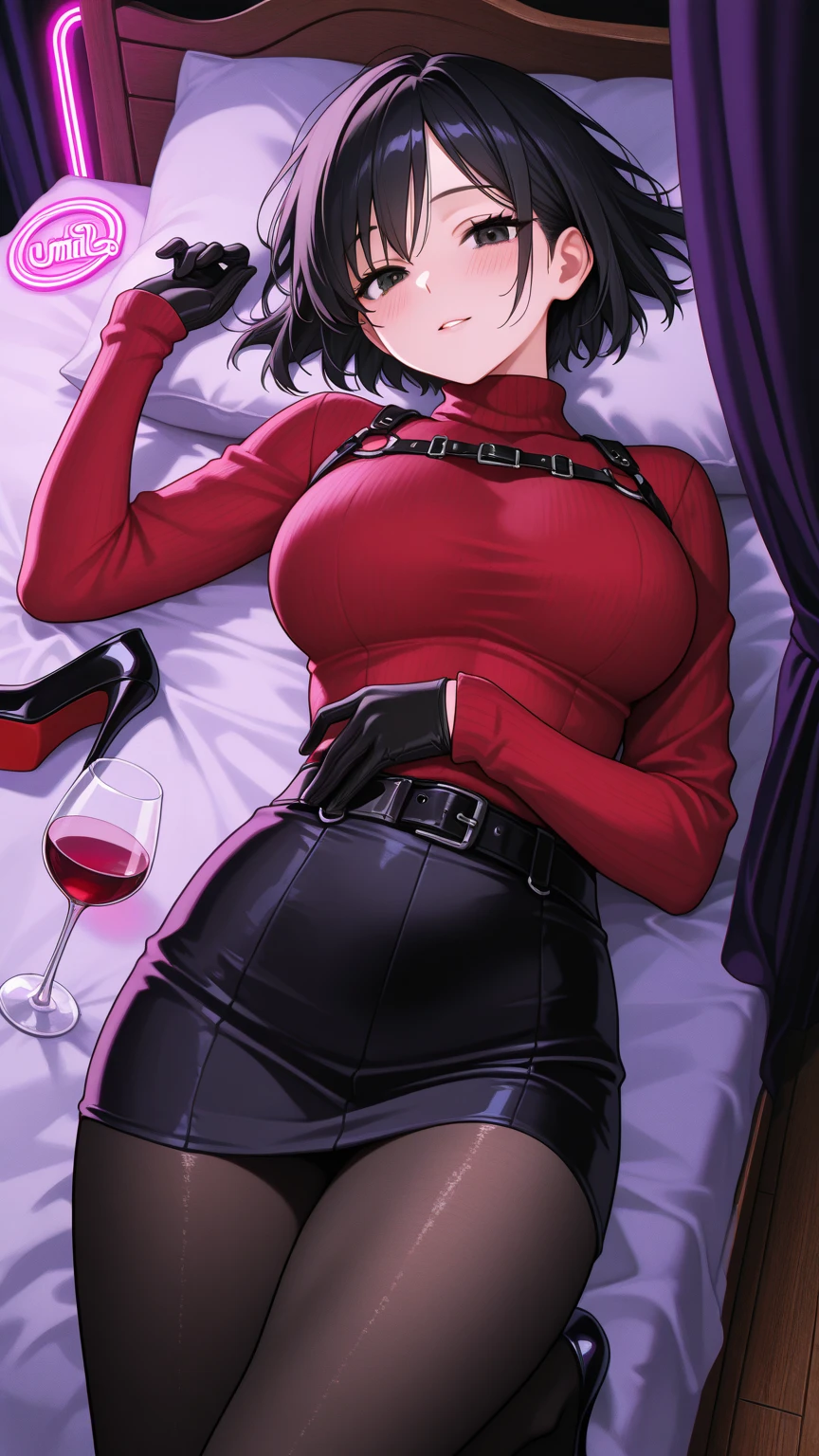 （（super high quality,））（（Ultra-high resolution,））（16K,）（super masterpiece,）（（Ultra HD ,））（Detailed shading,）Full body photo,One sexy mature woman,（（Red collared shirt,popped Tight collar,））Folded sleeves,Black long gloves,（Glossy black pants, Black long boots,）Black hair straight short,Sharp Eyes,blush,Ahegao,smile,Cleavage,Cross Necklace,（（Lying in bed,））Put your hands on your head,Sweaty,Spread your legs wide,A small amount of drooling,Love juice,