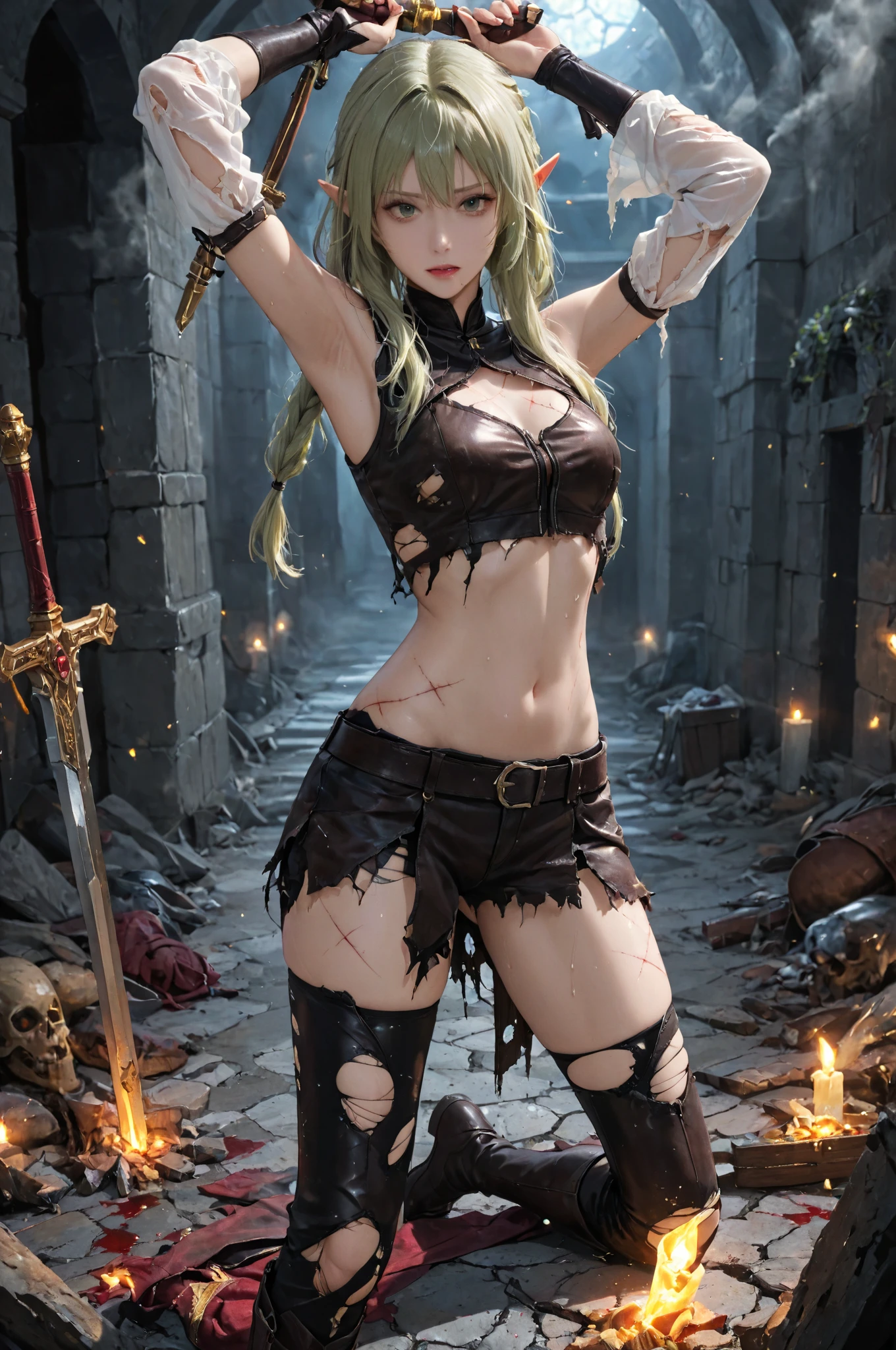 (full body image:1.5), 1Princess Zelda,standing, (large breasts:1.8), (Wearing Mortal Kombat Game Character Scorpions, black color, yellow parts, extremely tight on body:1.5, she's inside a graveyard tonight, raining very hard, blue eyes, short green hair, is looking at the viewer, holding a Katana, attached to a chain, she's nervous, Eye-Level Shot, Mortal Kombat Style, 16k, best quality, high detail, UHD, masterpiece, anatomically correct