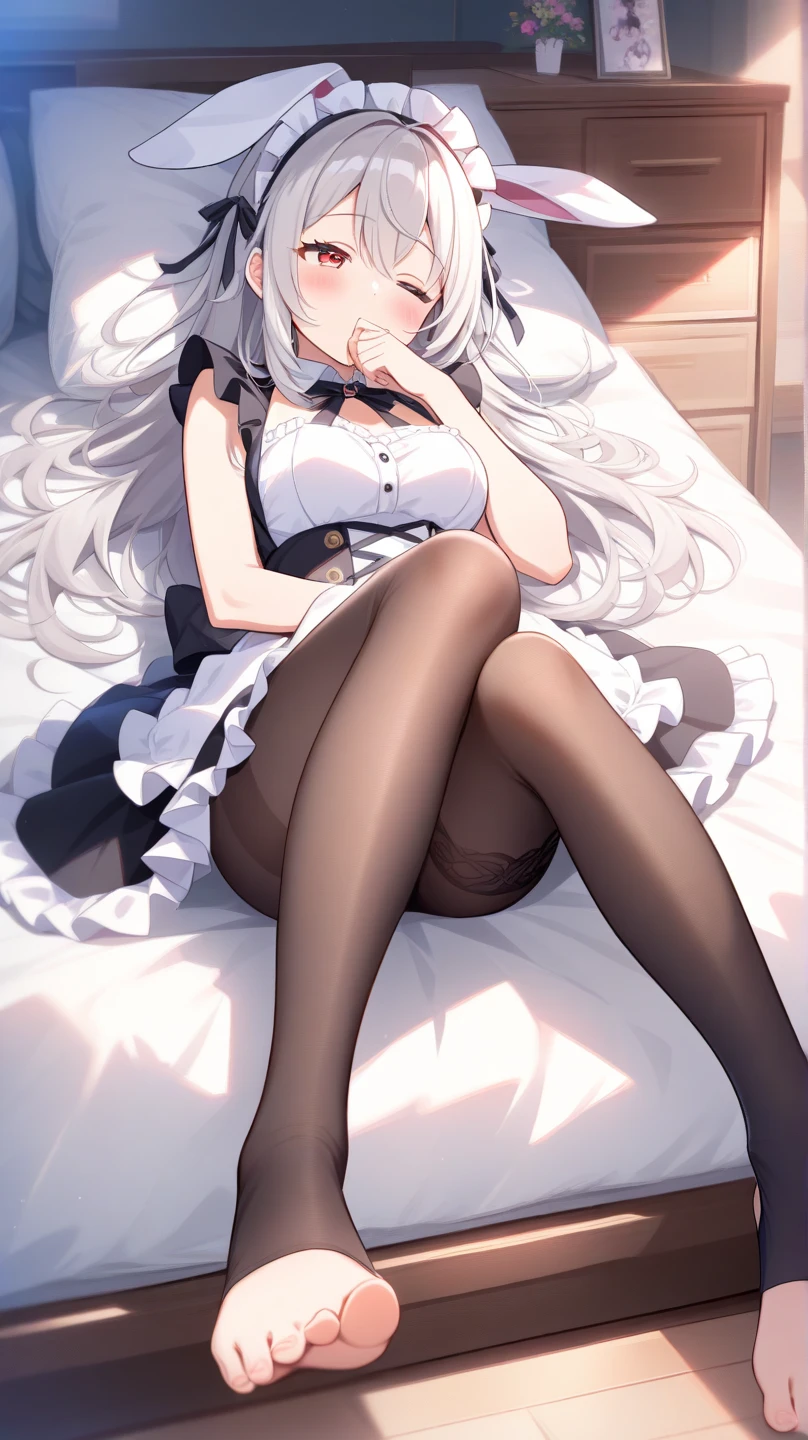 1个Giant Breast Girl),Ray traching,dim murky lights,Detailed bedroom background,(Silvery hair),Wears a high ponytail,Gold eyes,Reveals a delicate slim figure and curves,Correct limbs,sit on a bed,Place your hands on your chest,(White blouses,Black wrinkled skirt,Black transparent pantyhose)。