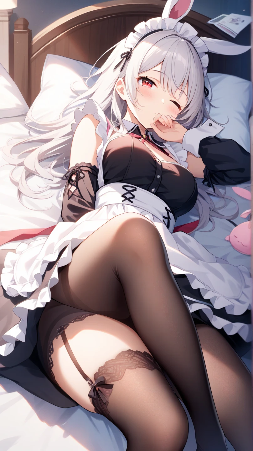 Highest quality、Masterpiece、Real、From the back、MILF with huge breasts、Silver-haired long twin tails、Red Eyes、Waistline、Thighs、Ass、cameltoe、Panties、Ruffled Dress、At the bed