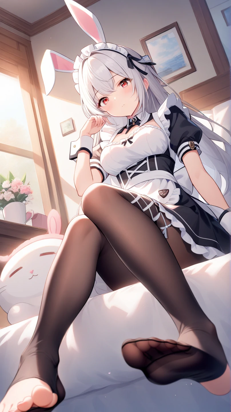 1girl, solo, rabbit ears, animal ears, playboy bunny, pantyhose, fishnets, long hair, sitting, leotard, detached collar, white leotard, very long hair, fake animal ears, looking at viewer, necktie, stuffed toy, fishnet pantyhose, flower, smile, open mouth, white hair, bare shoulders, wrist cuffs, stuffed animal, white flower, strapless, strapless leotard, yellow eyes, pillow, bangs, black necktie, white pantyhose,huge breasts,(masterpiece),(best quality),mature female,shiny skin,blanc \(nikke\) --auto