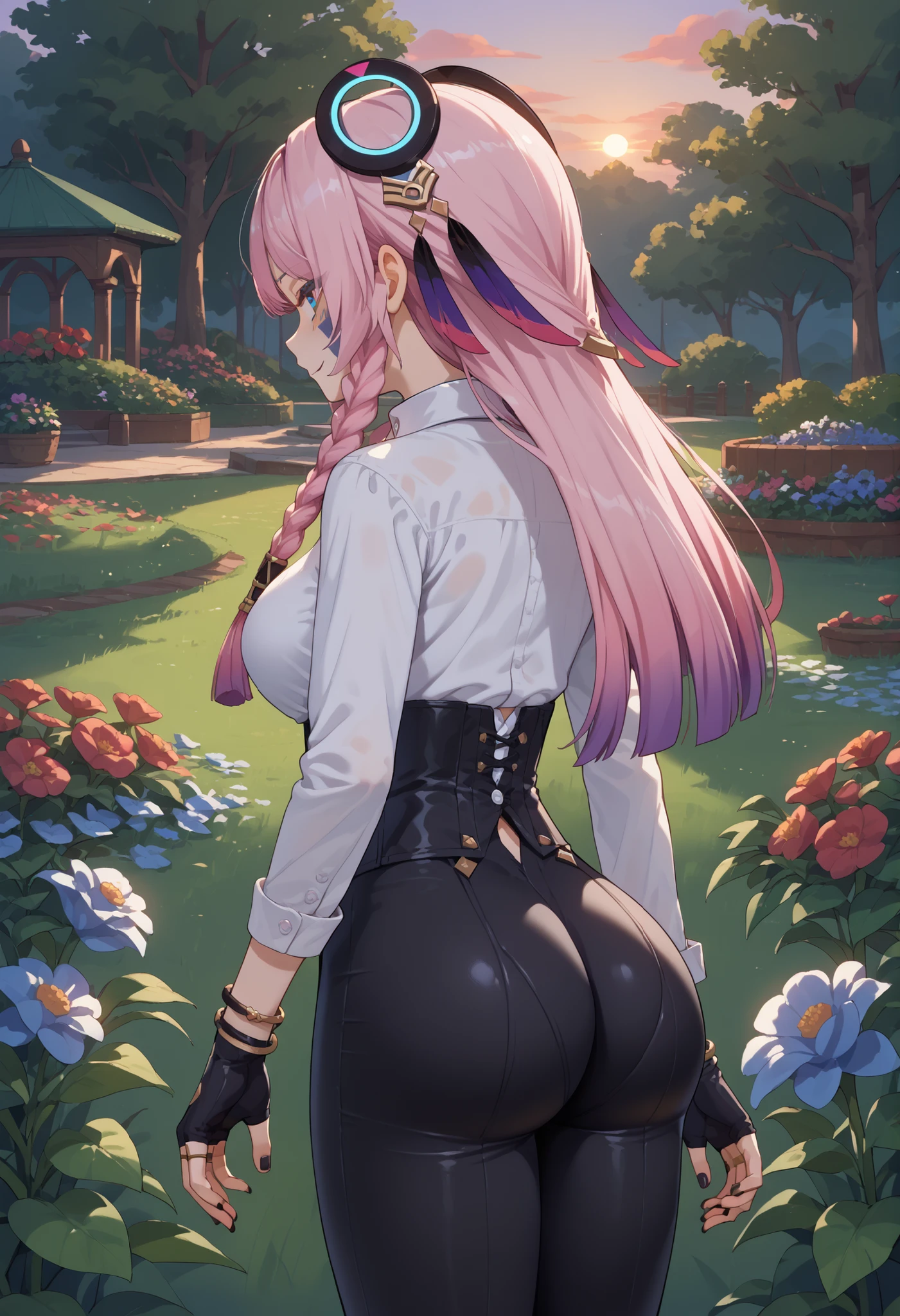 1young girl, tender look, pose sexy, (seen from behind), (approach from behind), beautiful butt , ((black rings on her head)), black gloves, partially fingerless gloves, looking at the spectator, (((white buttoned long sleeve white collar shirt)))), (black gloves), (black leather corset), (((shiny black leather leggings))), bracelet, bracelet, joyería, big breasts, beautiful legs, split bangs, wide hips, twin braids, Pink hair, face paint , black nails, multiple braids, nail polish, garden with flowers , beautiful sunset,