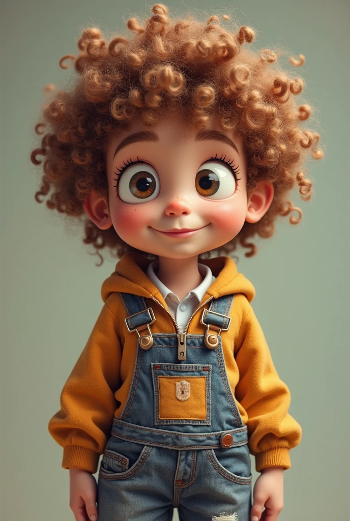 Create an image of a child with Pantone 80-6 C skin color, curly hair with less hair on the sides than on top, a long face and small, round, dark brown eyes with medium-sized teeth in front and slightly set apart, wearing a red, blue and green striped sweater and jeans-colored overalls.