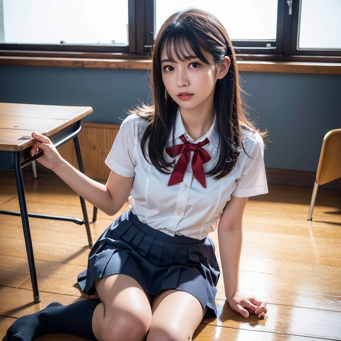 校服、knee high socks、Brown hair、Shorthair、kawaii faces、‎Classroom、Tight uniform、Spread your legs apart、sexy underwear、Spread your legs boldly、Tight uniform、Mature look、plaid skirts、White shirt、neck tie、The shape of the pubic area is clearly visible、No Underwear、hi-school girl、Pubic hair is see-through