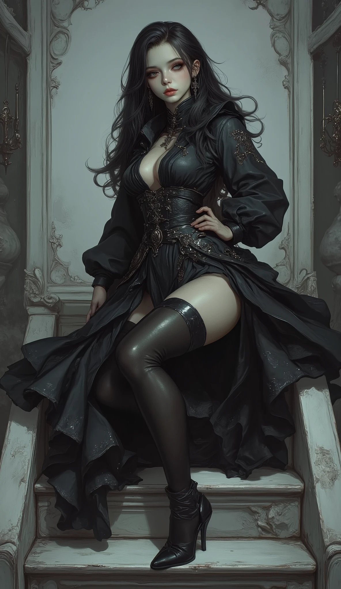((best quality)), ((masterpiece)), (detailed), an empty vacant throne, grand in scale and intricacy, blurring the lines between throne and shrine, Bloodborne inspired, occult aesthetic, occult, detailed and intricate steampunk and detailed gothic, NSFW, Very dramatic and cinematic lighting, cosmic horror, grim-dark, side-lighting, perfect face, a beaituful goddess valkyrie enshrined in armour, Bloodborne inspired valkyrie, occult aesthetic valkyrie, occult valkyrie, detailed and intricate steampunk and detailed gothic valkyrie, Fluttering lace flared long knee length dress with frilly petticoats, long dress, knee length dress, pleated petticoats, lolita dress, petticoats gothic lolita, side-lighting, NSFW, gothic lolita, beautiful small breasts, full body, whole body, body, NSFW