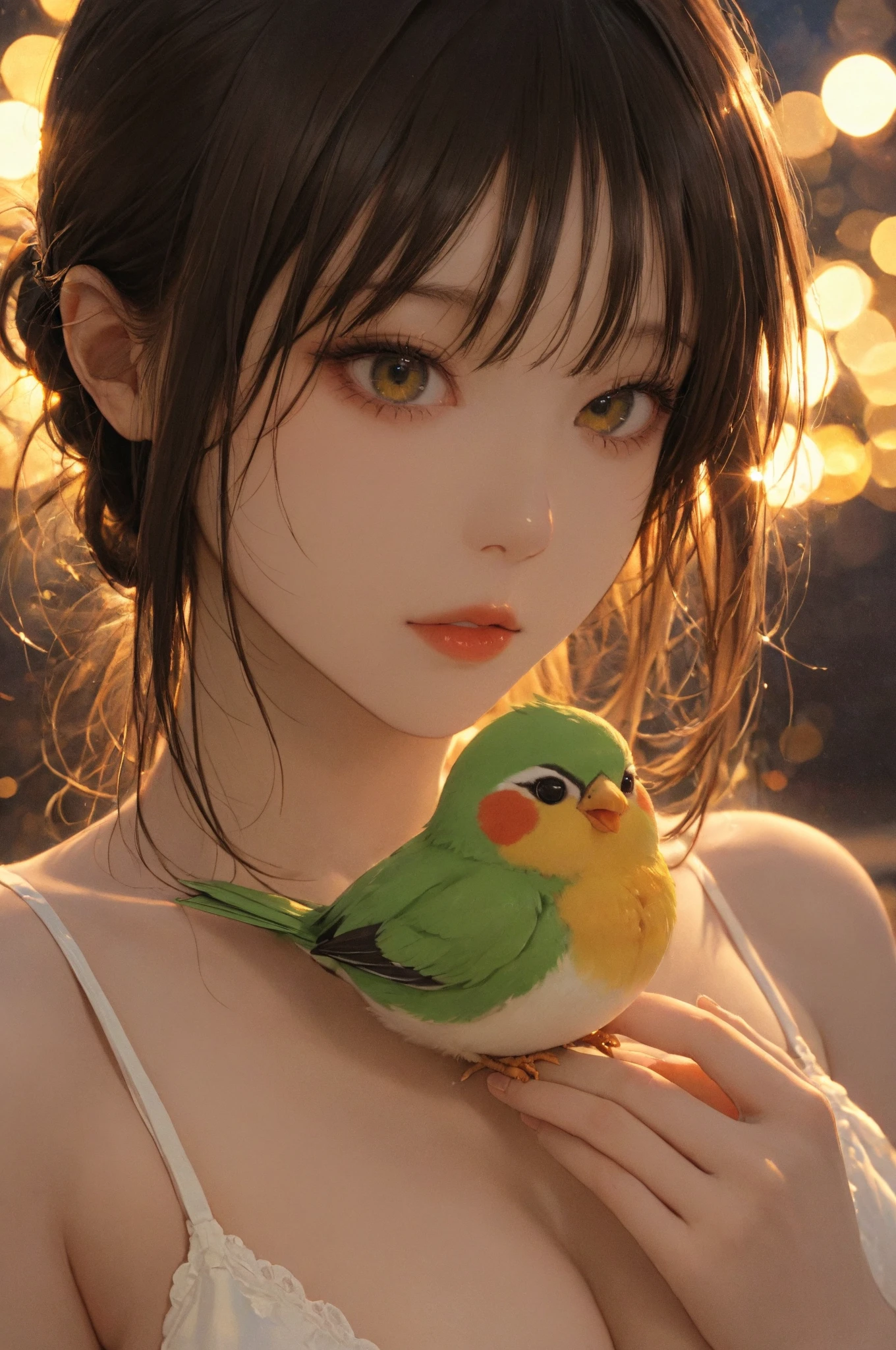 From Point of View,Upper Body,Birds Eye View,short_hair,yellow_shorts,green_eyes,