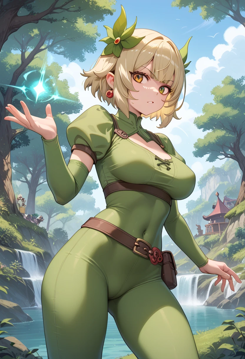 1girl, (masterpiece), (high resolution), (8K), (extremely detailed), (4k), perfect face, nice eyes and face, (best quality), (super detailed, intricate details, very aesthetic), detailed face and eyes, (solo), textured skin, absurdres, highres <lora:elfuda-10:0.7>, elfuda_wz, blonde hair, short hair, french braid, long pointy ears, large breasts, blue eyes, thigh boots, green leotard, brown boots, thigh boots, elbow gloves, brown gloves, cleavage cutout, bare shoulders, highleg leotard,  leather boots, outdoors, city, tokyo \(city\), leaning forward, hands on hip, :3, day