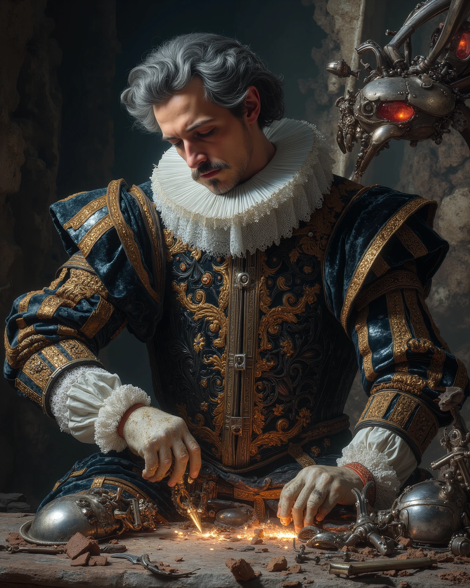 Miguel de Cervantes pillow fight under a machine in the workshop, dressed in the elaborate and intricately embroidered attire of a 17th century Spanish nobleman. His iconic mustache and beard, now gray, frame a face marked by age and wisdom. A dark velvet suede, lined with gold thread, he wraps his torso, with a ruffle collar and lace cuffs that complete their distinguished look. However, his watch is incongruous: is armed with brilliant futuristic mechanical tools, pieces and mechanical leftovers scattered, listo to repair un enorme androide. Imposing and sinister machines of the year loom around her 3000, to repair, huge spider-shaped drones with metallic limbs and bright red eyes, separated into pieces. The contrast between Cervantes' classic attire and the imposing and advanced robots creates a strange visual tension. The stage is a dimly illuminated dystopian landscape with crumbling ruins of ancient castles juxtaposed against the elegant and cold metallic forms of the Alien technology. The atmosphere is heavy, } drenched in shadows and the eerie buzz of technology.