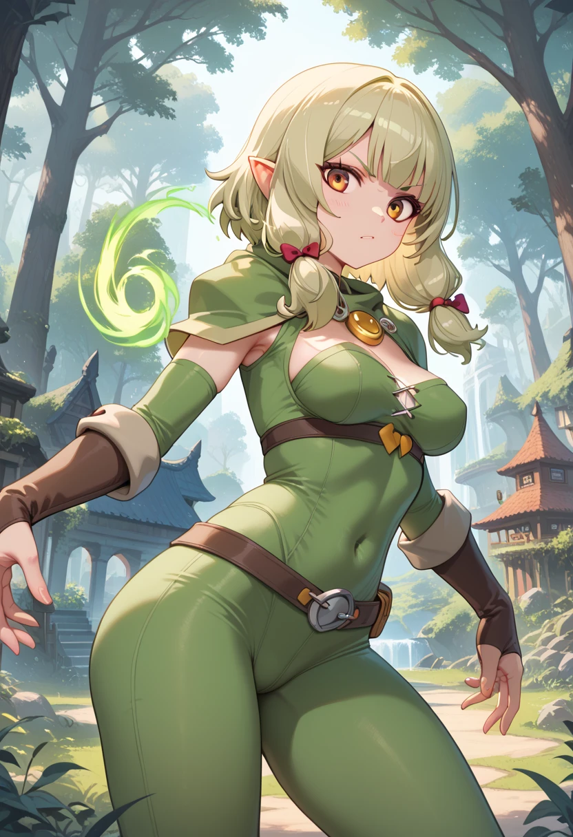Elwing is an elf of great beauty and elegance, with distinctive physical characteristics of their race. She has a voluptuous figure with large, well-formed breasts., a wasp waist that highlights your natural grace, wide hips and a large, toned butt that reflects her strength and agility. Your skin has a soft and pale tone, typical of elves, and is adorned with subtle tattoos that represent ancestral symbols of her lineage.Appearance:Hair: long and silky, of a bright blonde that cascades over her shoulders.Eyes: Green as the leaves of the trees in spring, shining with wisdom and mystery.Facial features: Delicate and angular, with softly defined cheekbones and slightly full lips.expression: Serene and self-assured, with a look that reveals a mix of determination and compassion.outfit:He is wearing an elven robe of emerald green silk., with a deep neckline that shows her collarbone and part of her chest. The tunic falls in soft folds around her figure, complementing her curves.A long skirt, but adjusted to your body, reveals her slender legs as she walks gracefully.A gem-encrusted golden belt adorns her waist., adding a touch of elegance.Wear delicate bracelets and rings, made of silver and precious stones, shining with sunlight filtered through the forest canopy.