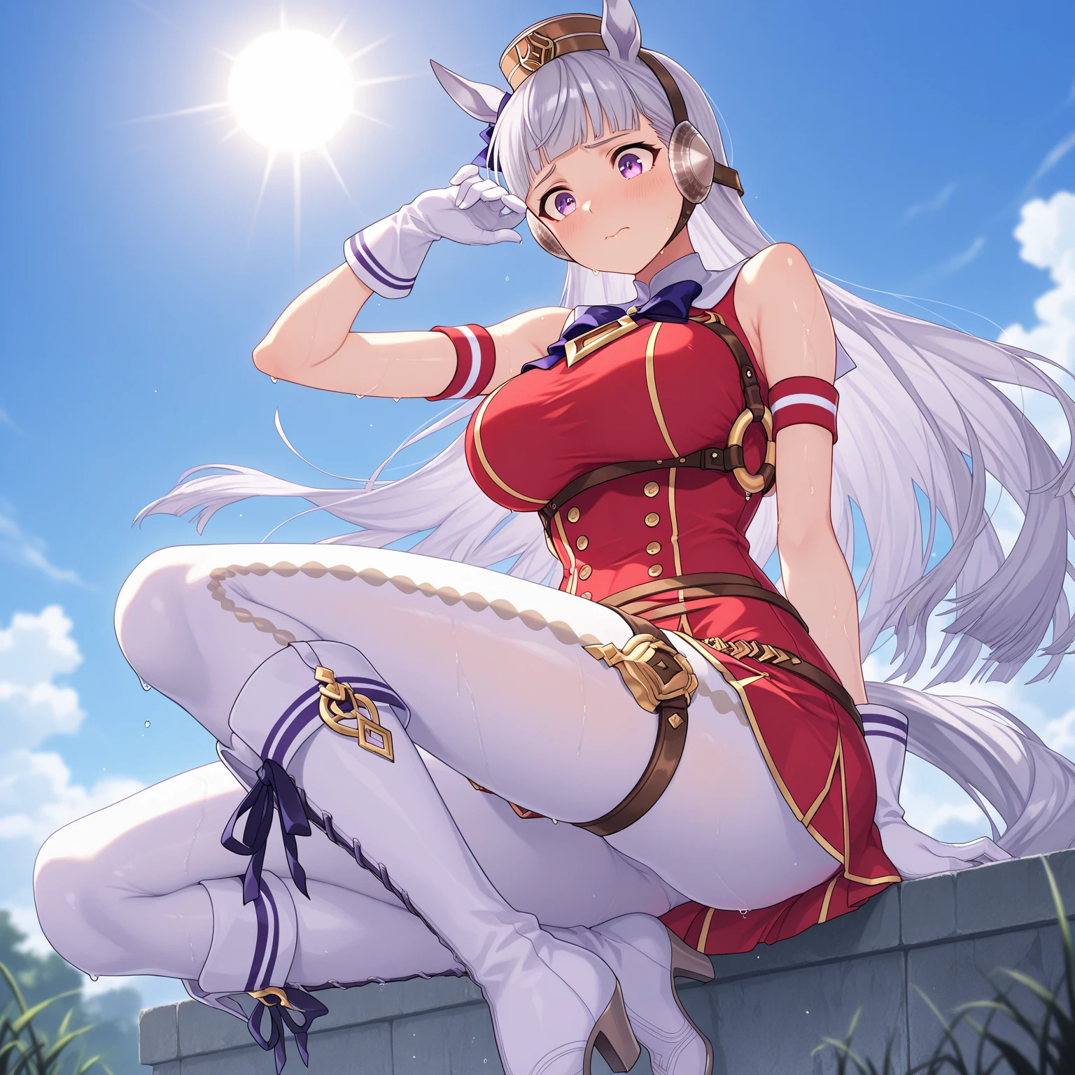 (masterpiece, highest quality:1.2), alone, One girl, umpd gold ship, pillbox hat,  Red dress,No sleeve, White Pantyhose, boots, Horse tail, Racecourse、Big Breasts、smile