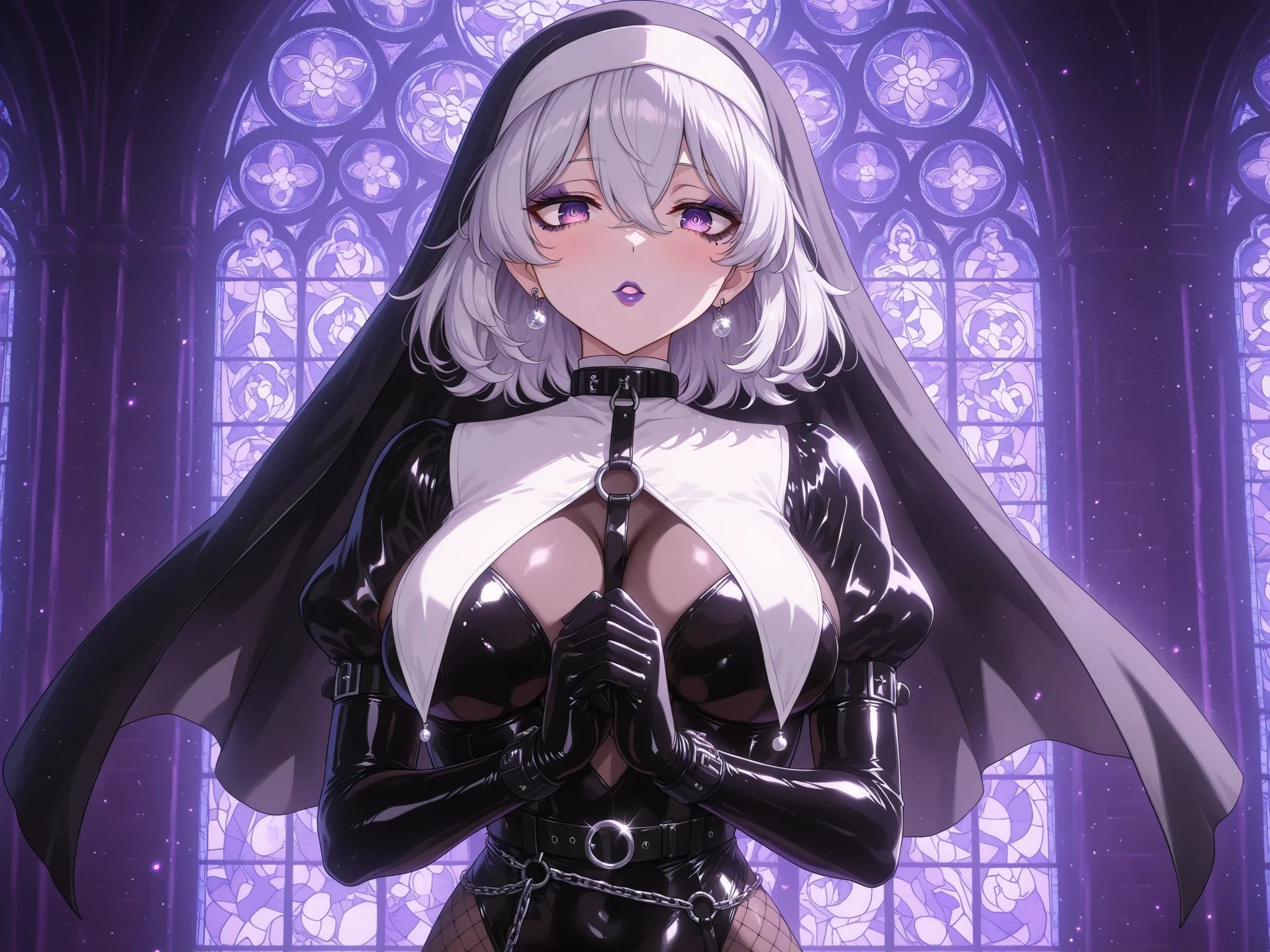 (masterpiece, best quality, detailed), 1girl, solo, looking at viewer, aayanagi, short hair, hair between eyes, long bangs, sidelocks, hair over eyes, covered eyes, large breasts,
tailcoat, fishnet top, single thighhigh, single sleeve, medical eyepatch, purple ribbon, choker, single glove, glowing eye, bandaged arm, indoors, church, stained glass, window, candle, arms behind back, evil smile, smile, parted lips