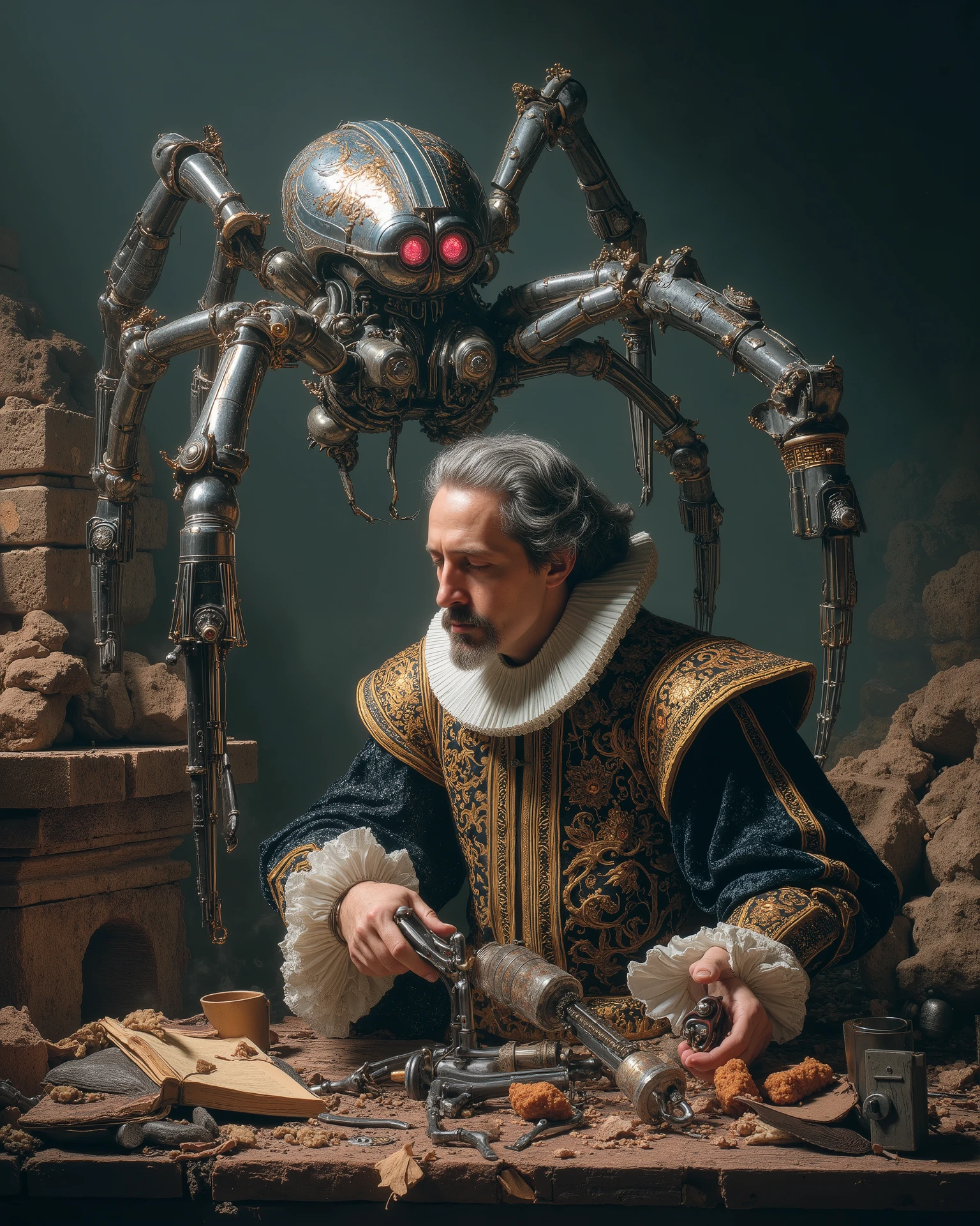 Miguel de Cervantes pillow fight under a machine in the workshop, dressed in the elaborate and intricately embroidered attire of a 17th century Spanish nobleman. His iconic mustache and beard, now gray, frame a face marked by age and wisdom. A dark velvet suede, lined with gold thread, he wraps his torso, with a ruffle collar and lace cuffs that complete their distinguished look. However, his watch is incongruous: is armed with brilliant futuristic mechanical tools, pieces and mechanical leftovers scattered, listo to repair un enorme androide. Imposing and sinister machines of the year loom around her 3000, to repair, huge spider-shaped drones with metallic limbs and bright red eyes, separated into pieces. The contrast between Cervantes' classic attire and the imposing and advanced robots creates a strange visual tension. The stage is a dimly illuminated dystopian landscape with crumbling ruins of ancient castles juxtaposed against the elegant and cold metallic forms of the Alien technology. The atmosphere is heavy, } drenched in shadows and the eerie buzz of technology.