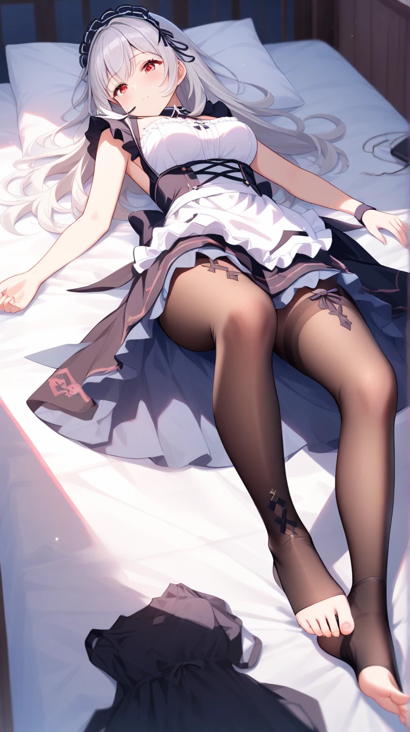 (intricate details), colorful, full-body, (white bed sheet:1.2), lying on bed, detailed feet, (from behind:1.2, looking back), on stomach, ass, back, median furrow, (finely detailed eyes and detailed face:1.3), (nun:0.9), (skindentation), lustrous skin, large breasts, wide hips, anime nose, toddler face, (tsurime:1.3, eyeliner, sharp eyelashes:1.2, solid eyelid), half updo, messy hair, unkempt, (wet body), (dripping sweat), hair ornament, hair ribbon, choker, high waist dress, bare shoulders, white shirts, (black pantyhose), (lace trim:1.2), see-through, ribbon, smiley face