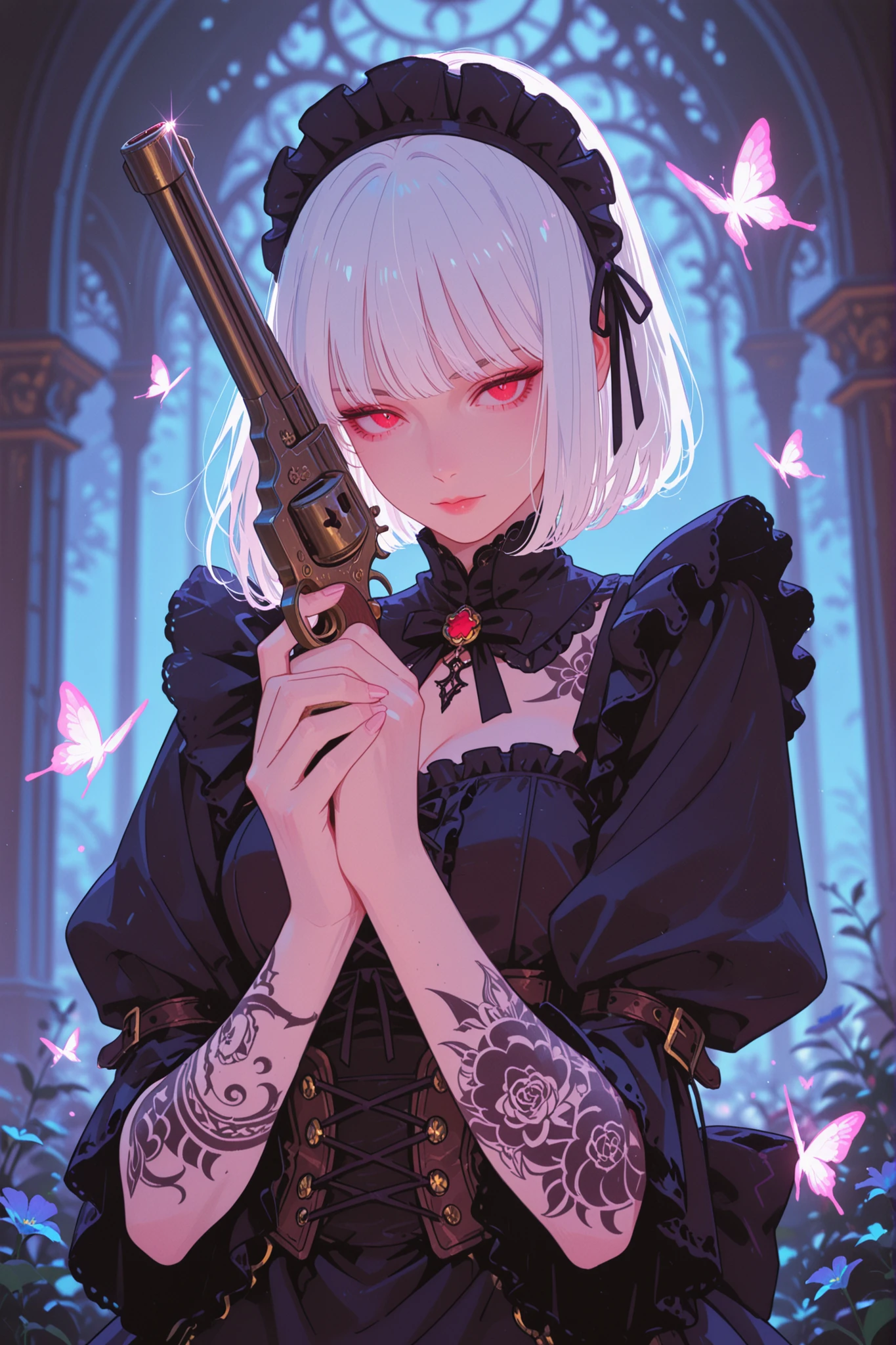 Masterpiece, Superb Girl, Night Moon Full Moon, 1 Female, Mature Woman, Sister, Royal Sister, Cold Face, Expressionless, Silver-White Long-Haired Woman, Light Pink Lips, Calm, Intellectual, Three-banded Gray Eyes, Assassin Short Knife, Flower Ball Background, Hand Details, Finger Details, Facial Details, Eye Details,