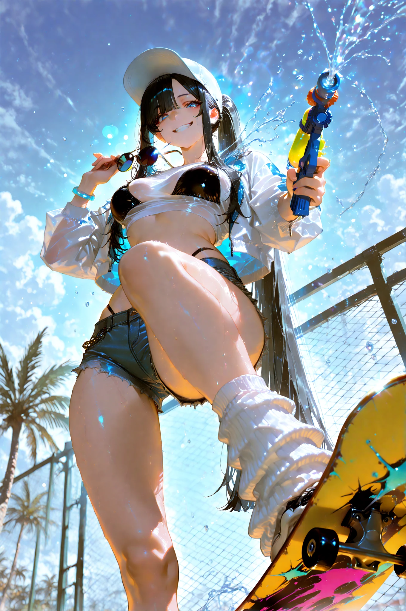 Highest quality、masterpiece、beautiful、detailed、Year: 12、Black hair twin-tailed female elementary school student、beach、Pouring sunlight、Dynamic pose、Spraying water with a water gun、Angle from below、smile、Slim figure、Soaking wet、erectile nipples、open vagina、pussy、hyperRealistic