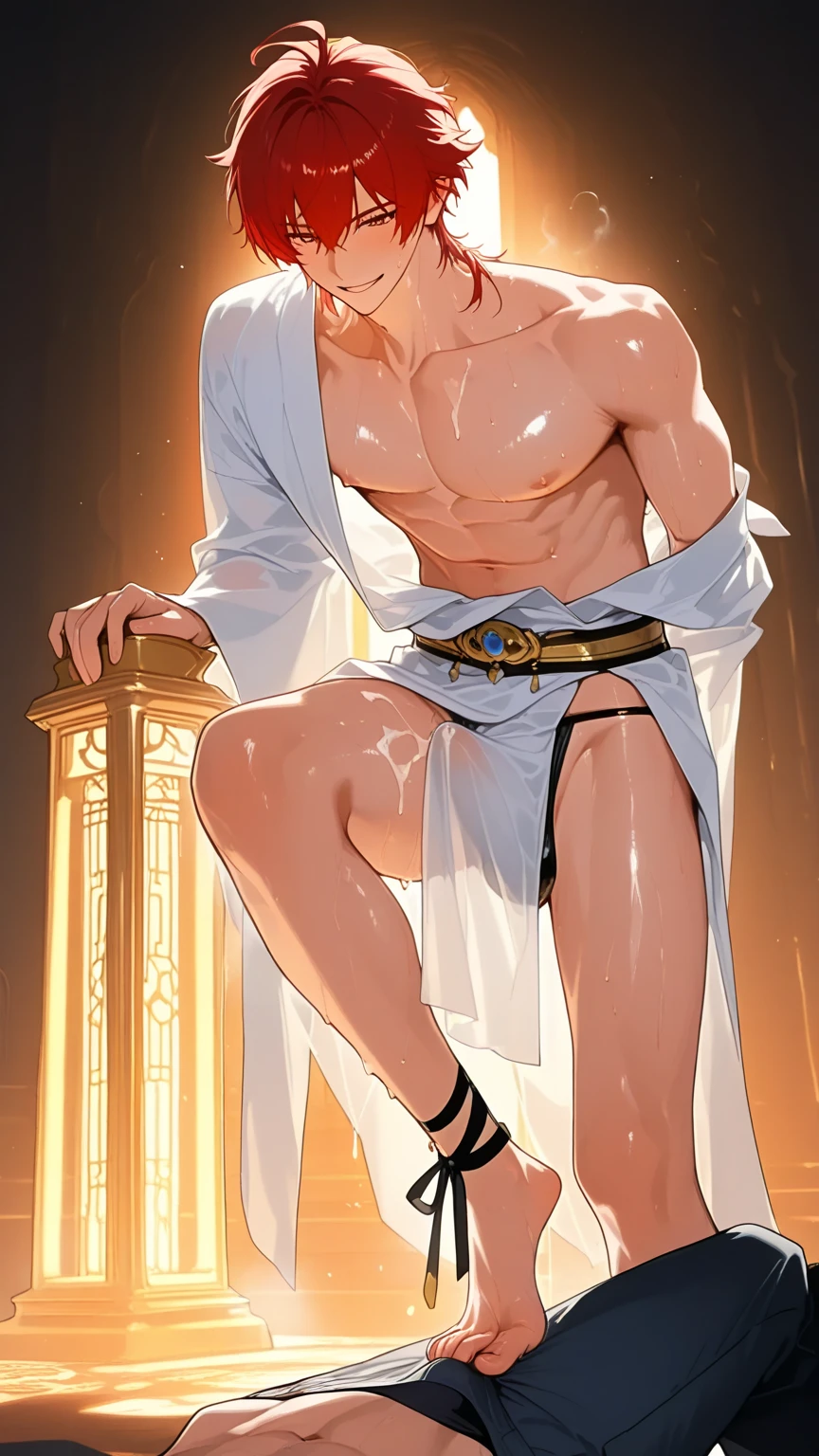 masterpiece, ((masterpiece)), Best quality, complex parts, perfect Whimsical, gentle, a little feminine face, detailed face, Highly detailed and fine figurine, ultra-realistic, detailed body, detailed pectoral muscles, ((Boy's focus)), detailed muscles, convex,  (((A handsome boy, 17 years old))), athletic build, ((ideal body)), aesthetically beautiful, erotically tempting, seducing, offering himself With a beautiful sexy tango panti With round perfect buttocks, Rear view from bottom to top muscular, sweaty after a workout, In a Venetian mask with peacock and bird of paradise feathers, In White, red and gold colors, diamond chips all over the body , Watercolor, in the style of Caravaggio 