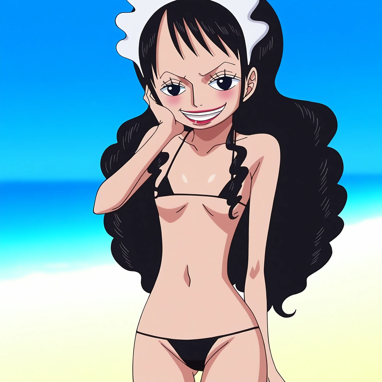 A girl with black and curly hair, dark skin, black eyes and the name Mayza Hasaua taking off her bikini in front of Luffy in the room