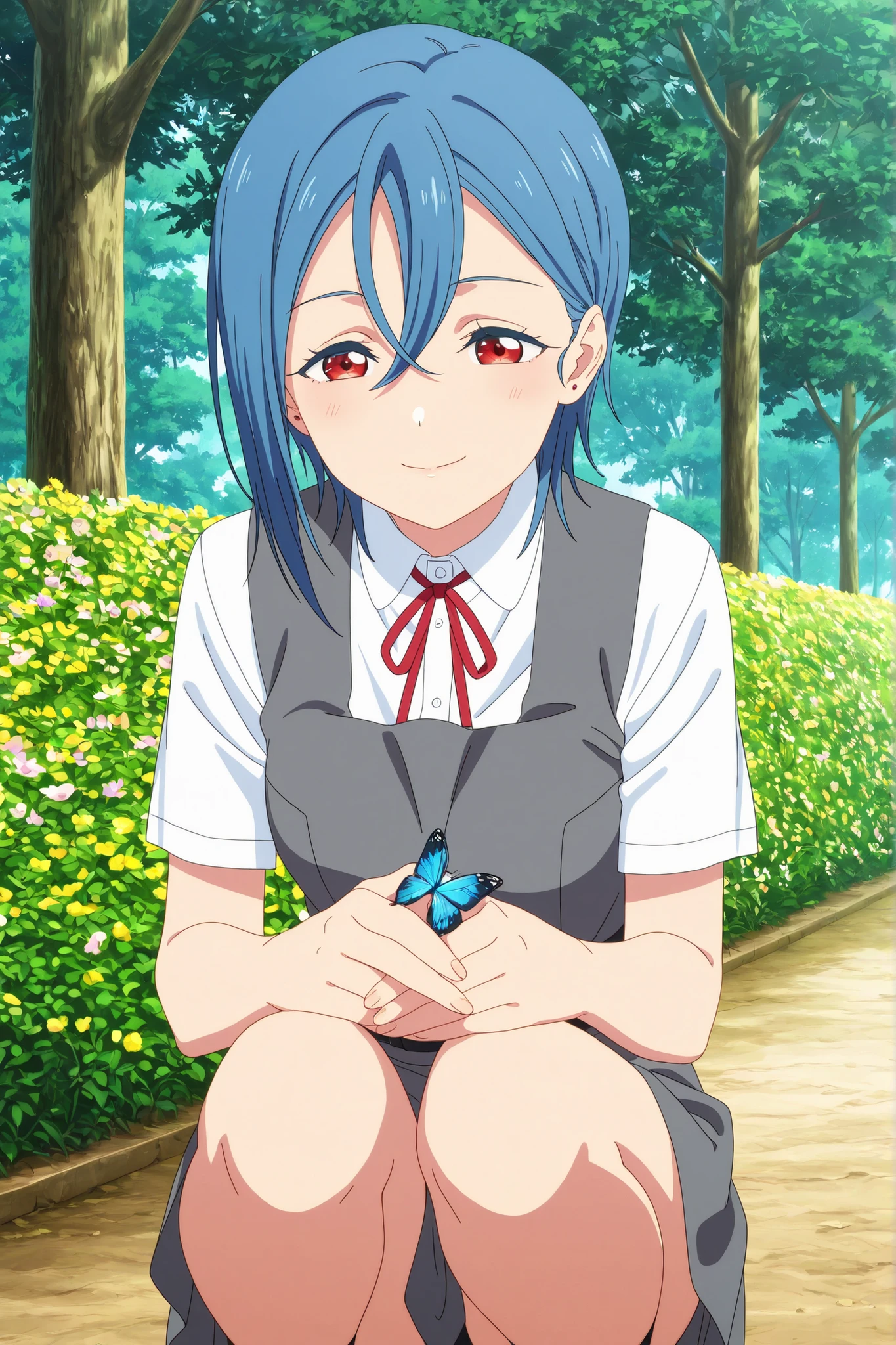 best quality, high quality,amazing quality,highres, absurdres, newest,anime screencap,anime coloring,highly detailed illustrations,perfect eyes,detail1eye,well-defined fingers,anime style,perfect anatomy, ((perfect fingers,5 fingers)), Jeddtl02,
BREAK
(1girl,solo),shiki wakana, wakana shiki, short hair, bangs, red eyes, hair between eyes, blue hair, earrings, stud earrings, small breasts, anime screencap,shirt, dress, ribbon, jacket, white shirt, open clothes, collared shirt,short sleeve shirt, red ribbon, neck ribbon, pinafore dress, grey dress,
BREAK
On a sunny day, a girl squats in the grassy schoolyard, gently smiling as she holds a beautiful butterfly in the palm of her hand. The camera angle is from a low diagonal perspective — the butterfly is in close-up in the foreground, while the girl’s face is clearly visible and softly lit. a few colorful blooming flowers, and trees in the background. catching the sunlight. The lighting is rich in contrast with detailed shadows, capturing the peaceful atmosphere,
photorealistic,8k