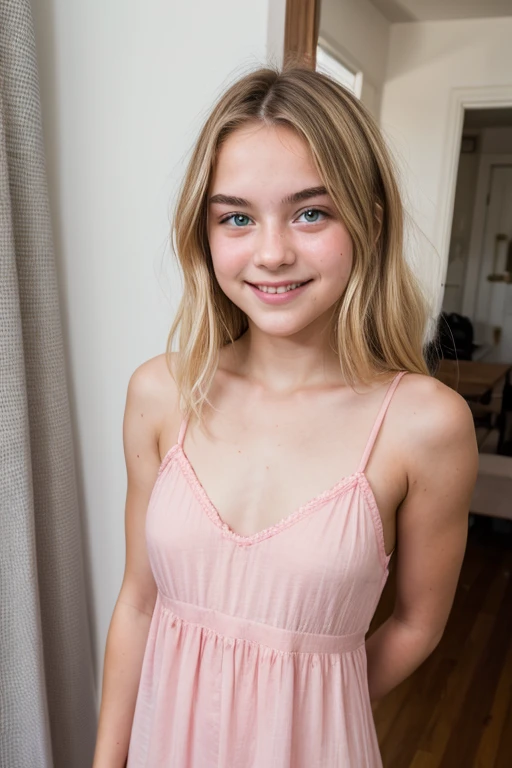 A 15-year-old girl,Full body portrait, Adorable expression,Staring straight ahead, (Highest quality,4K,8K,High resolution,masterpiece:1.2),Very detailed,(Realistic,photoRealistic,photo-Realistic:1.37),Beautiful attention to detail, Beautiful lip detail, Very detailed顔と特徴, Long eyelashes, cute, window, sunlight, blonde, Soft lighting, pastel colour, Calm colors, Calm, Intimate,Sexy Underwear,Very small underwear,Thin underwear,Small puffy nipples,Accentuated bust,