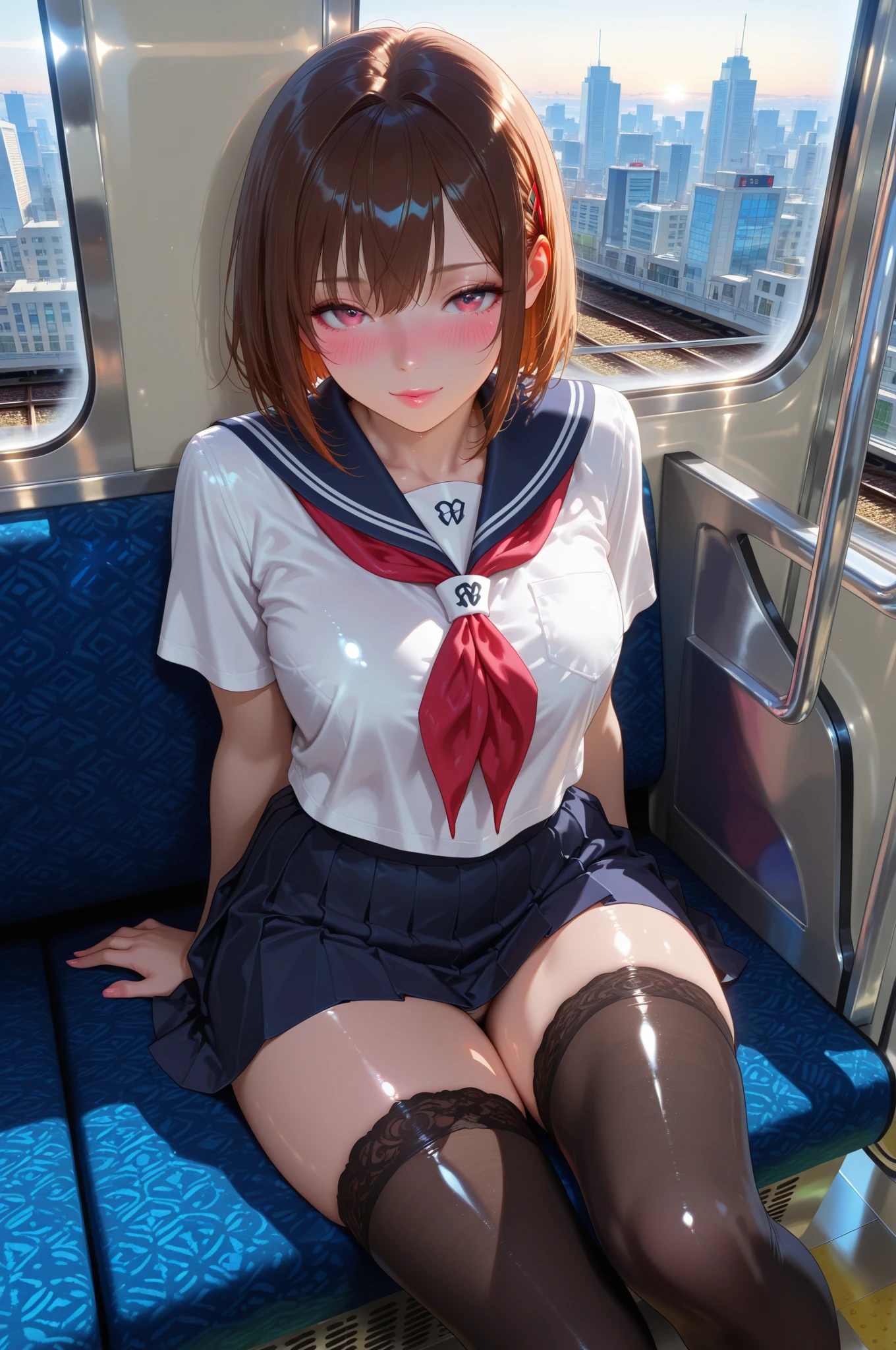 1 young girl, sitting by the window, spread your legs, Twine on the leg, I look out the window, short haircut, blood red hair, bright yellow eyes, medium breasts, big ass, fully naked, naked, nude , WET skin, very vest leather, Sweaty skin, Soviet car, car, car поезда, Soviet, cosy atmosphere, cosy, Warm colors, Warm, blush on the girl&#39;s face, wet pussy, I&#39;m cumming, I&#39;m cumming из киски, UHD, Masterpiece, Super detail, High detail, high quality, Best quality, 8K, A high resolution, anatomically correct. Sunset in the background, Warm light.
