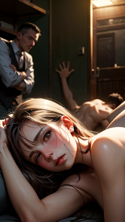 1girl sitting on a sofa, topless, bottomless, surrounded by shirtless men, in a room,