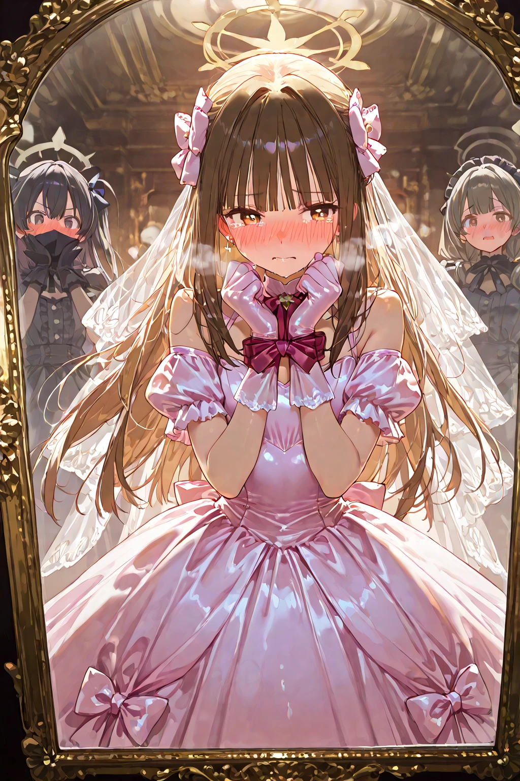 nsfw,uncensored,(super fine illustration,8K CG wallpaper,best quality,extremely detailed,ultra high res,best aesthetic),(cowboy shot,from front),1girl ,idolmaster, ((yukimi sajou)), (12yo,beautiful girl),((((beautiful dark orange eyes)))),(((beautiful dark blue hair))), (((midium straight hair)))),(((Blunt bangs))),(wet skin),(sweat),(steam),((flat chests,very small breasts)),((mini)),(petit)),(gorgeous wedding dress:1.5),(wedding veil, white corset, white lace legwear, nipple, white wedding grove:1.3), ,(open clothes),(wet clothes),(first round),half-closed eyes, orgasm face, O-face, blush cheeks, arched back, (vaginal penis:1.2), (a Faceless male), ,(((carrying sex))),hetero, man in below, (intense Sex:1.7), (cum out:1.2),(red carpet),(((multiple boys, peeing on a girl,multiple penises, gangbang, holding penis))),((ecstasy torogao, saliva trail, nose blush,one eye closed,out tongue)),cleavage of the breast,happy,((smile:1.9),((cum on body:1.9)),((cum on face:1.9)),((cum on hair:1.9)),(Bukkake, cum in mouths:1.3),(vulgarity),((wedding chapel:1.5)), (indoor, church, many stained glass window),look at viewer,
