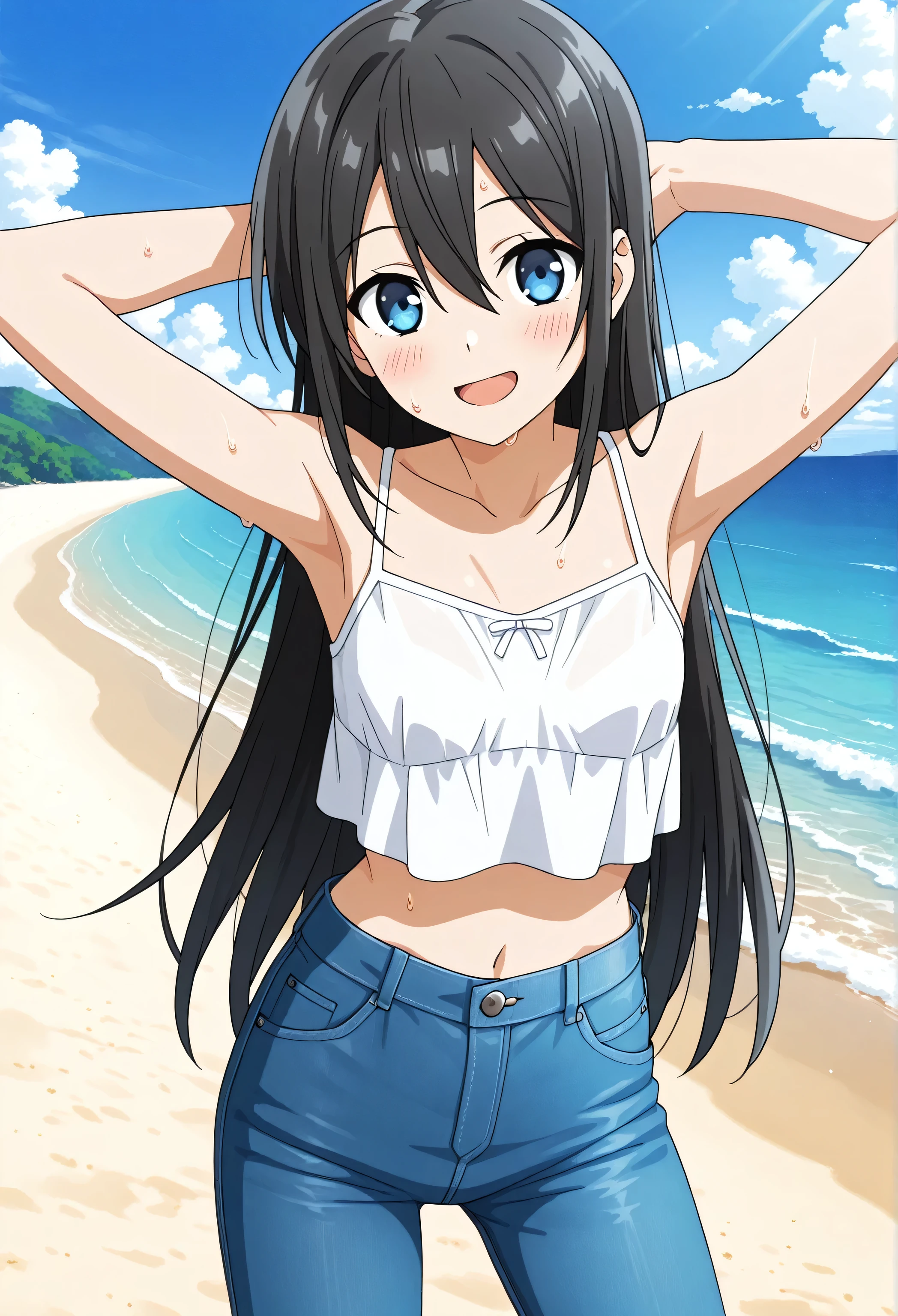 One Girl,No sleeve,Hair is straight,smile,The background is the beach,(child:1.7),Innocent face,Light blue short skirt,bright,Sandy Beach,Swimwear,smile,Black Hair