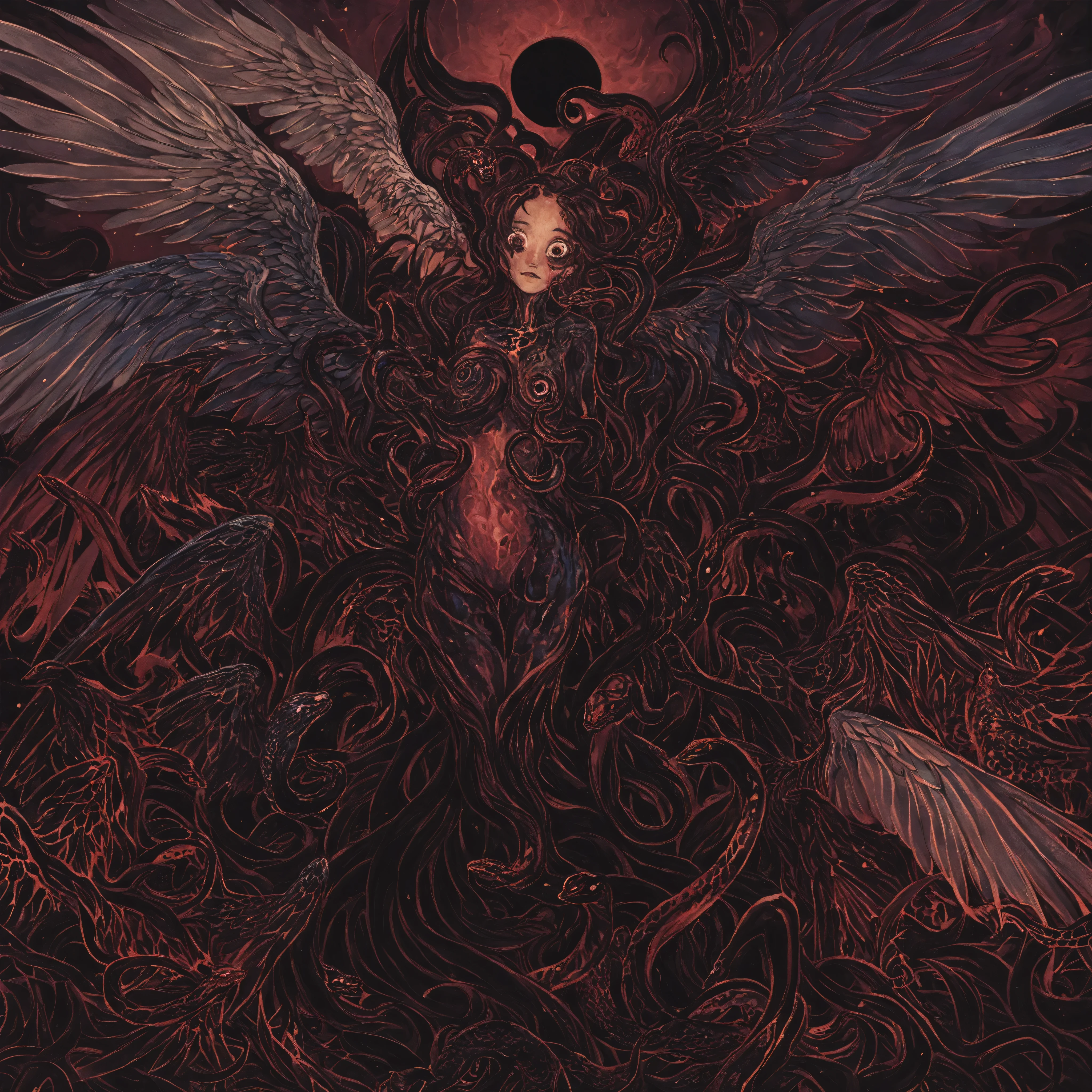 high quality, dark art, Surrealism, female chimera angel, writhing snakes instead of a head, many pairs of curved wings, tentacles sprout from the torso, tentacles open all over the body, scaly skin, snake eyes , distorted anatomy, dark aura, cosmic chaos against the background of
