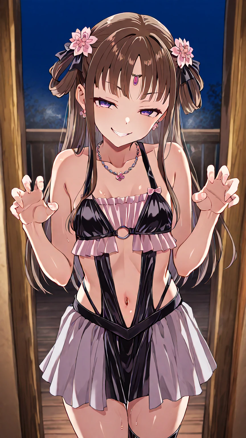 nsfw,((One Man and One Woman,having sex)),woman on top,Bare breasts,Idol Master, Chieri Ogata,short twin tails with reddish-brown hair,,small breasts,brown eyes,((magical girl costume)),open mouth smile,Highest image quality,best quality