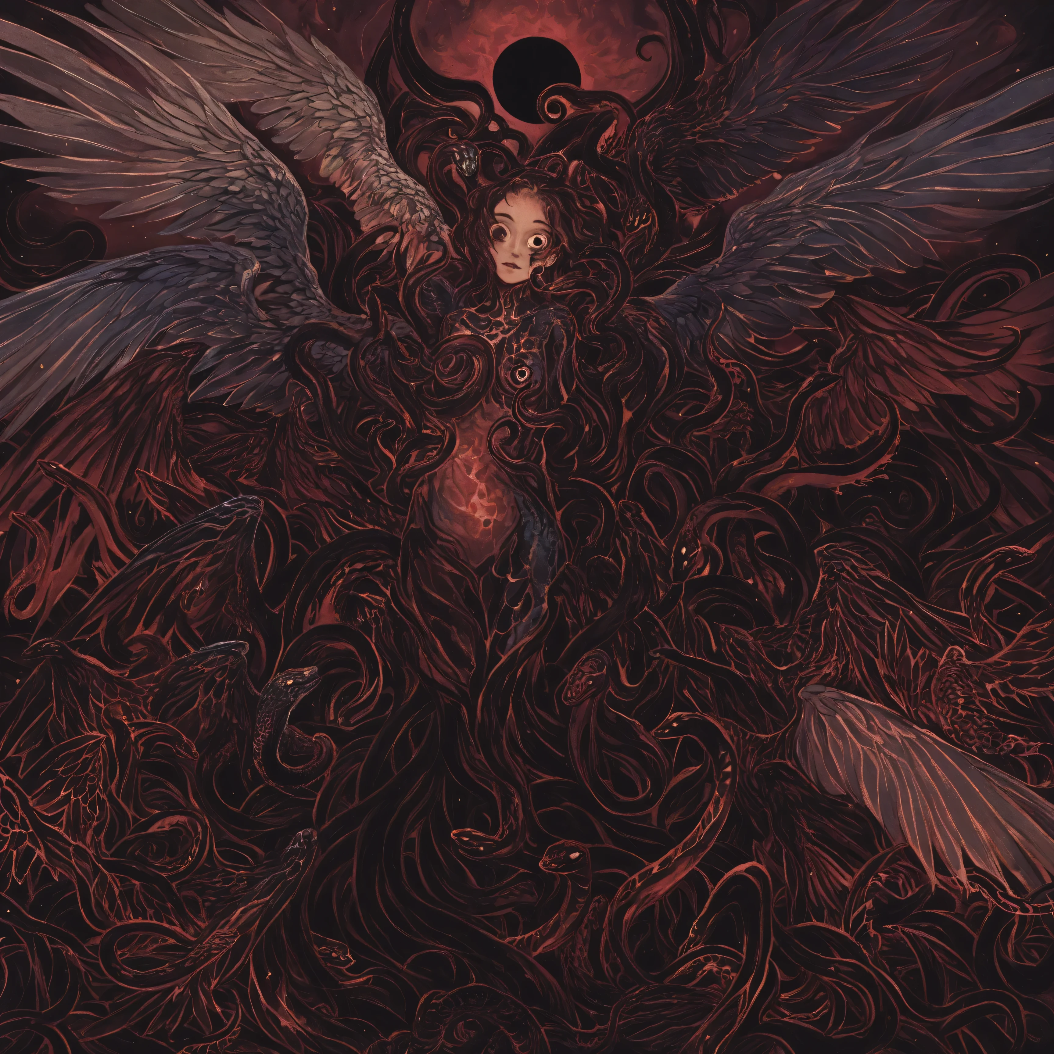 high quality, dark art, Surrealism, female chimera angel, writhing snakes instead of a head, many pairs of curved wings, tentacles sprout from the torso, tentacles open all over the body, scaly skin, snake eyes , distorted anatomy, dark aura, cosmic chaos against the background of