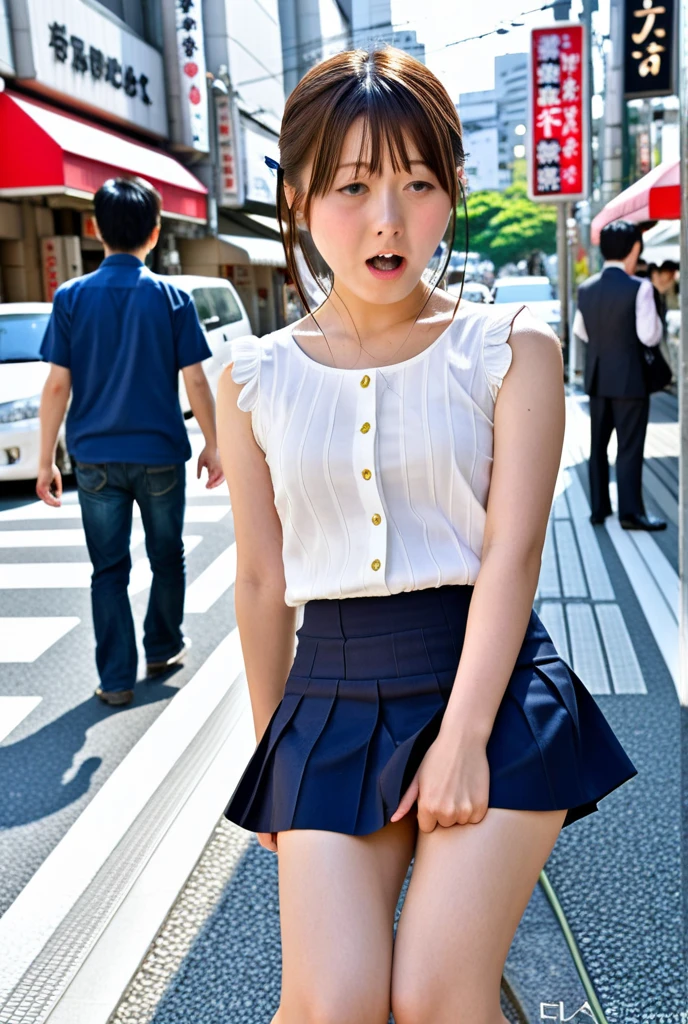 Highly detailed CG Unity 8k wallpaper, highest quality, Super detailed, masterpiece, Realistic, photo Realistic, Highly detailed cute girl, 20-year-old, (Micro Mini Pleated Skirt), (((スカートをLift it yourself))), (Lift it yourself), Blue and white striped low rise panties , Blue and white striped low rise panties focus, blush, Parted lips, Watching the audience , Half Body Shot , (On the streets of Tokyo) , (Brown Hair),（Short Bob Hair), (Asymmetrical bangs)