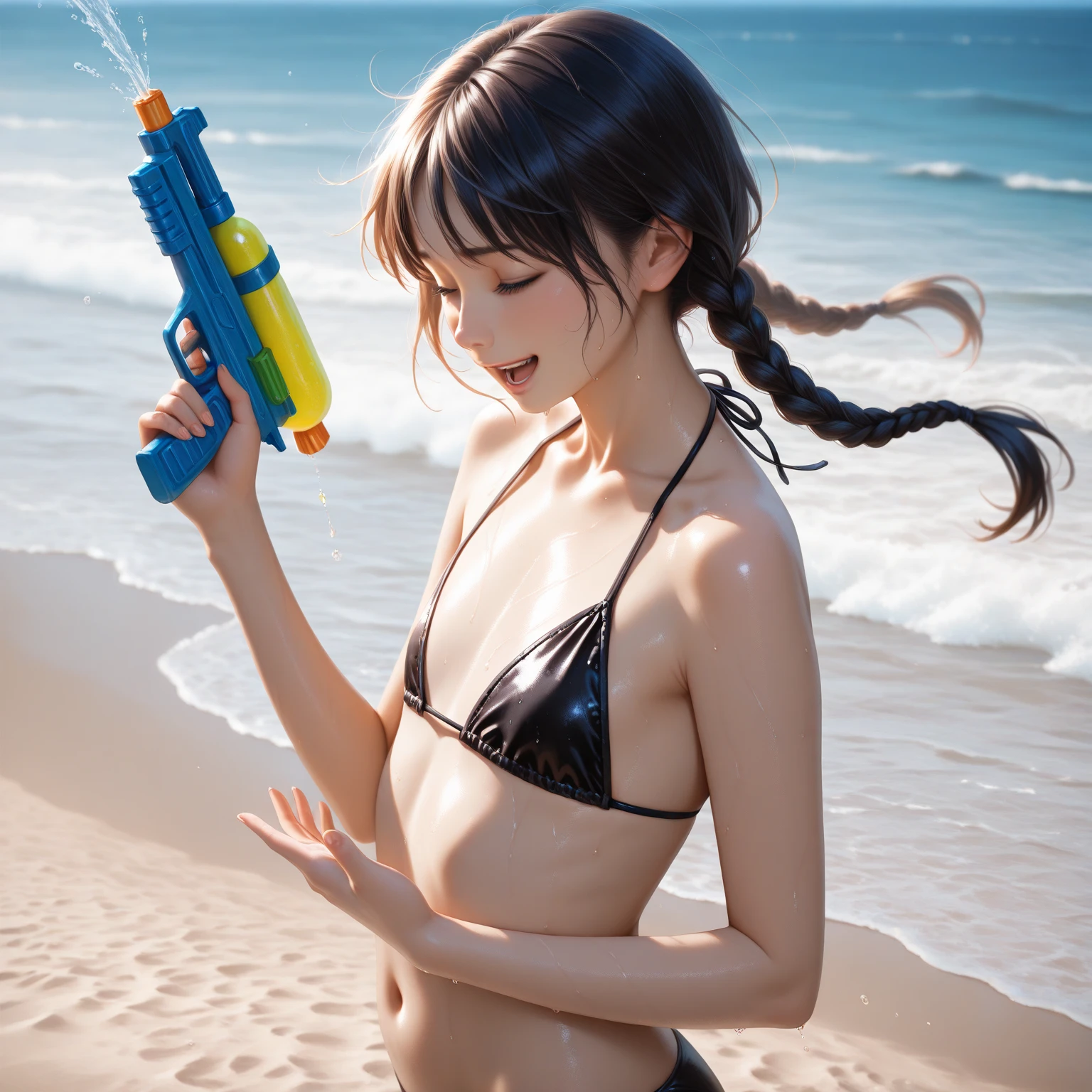Highest quality、masterpiece、beautiful、detailed、Year: 12、Black hair twin-tailed female elementary school student、Height: 140cm、beach、Pouring sunlight、Dynamic pose、Spraying water with a water gun、Angle from below、smile、Slim figure、Soaking wet、erectile nipples、open vagina、pussy、hyperRealistic