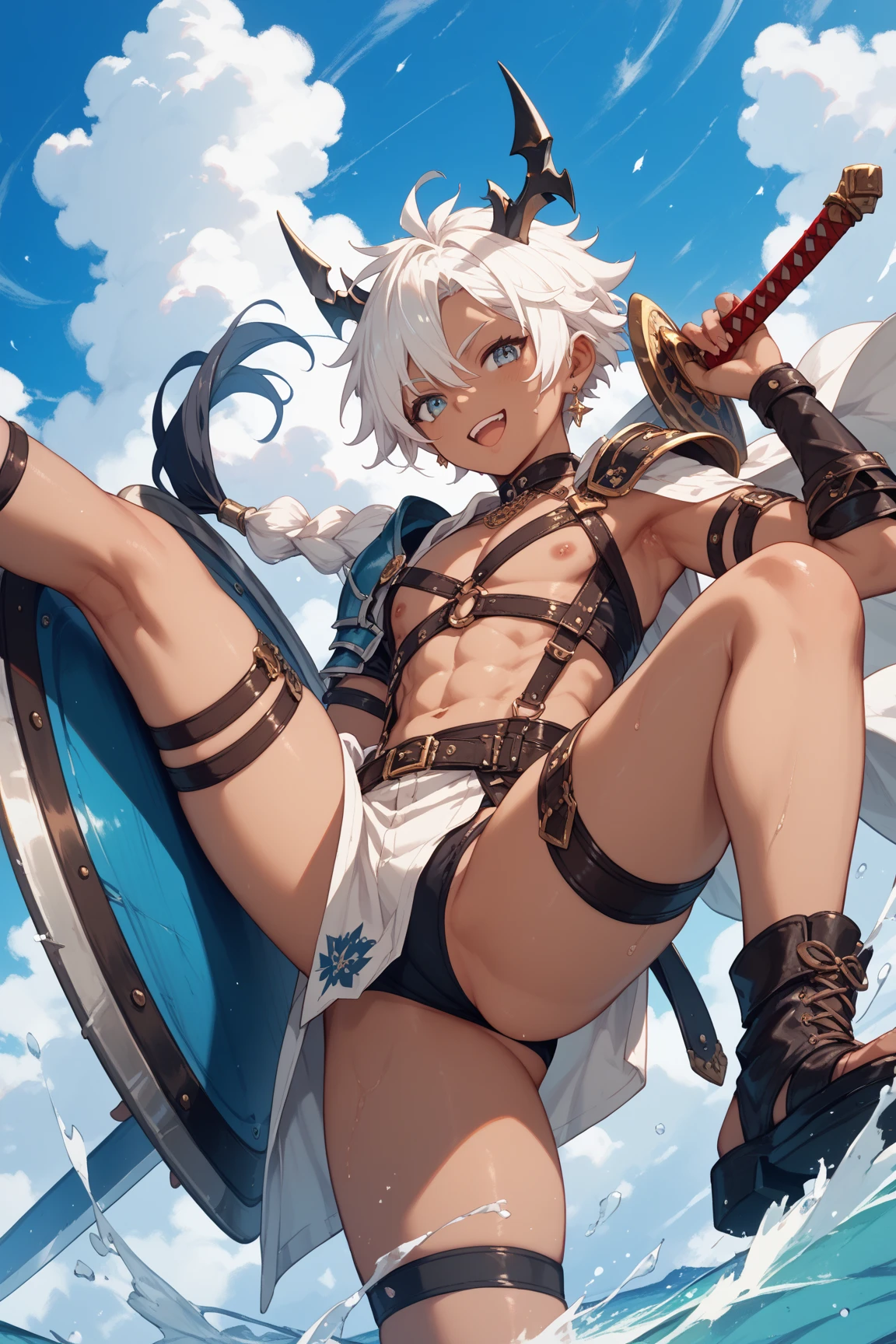   girl, NUDE , cloak, very micro shorts ,groin,((flat chest)),Slender,long hair,(((((loli))))),white hair, battlefield
, gun, knife,Beautiful Muscles, hair over left eye, sweet face