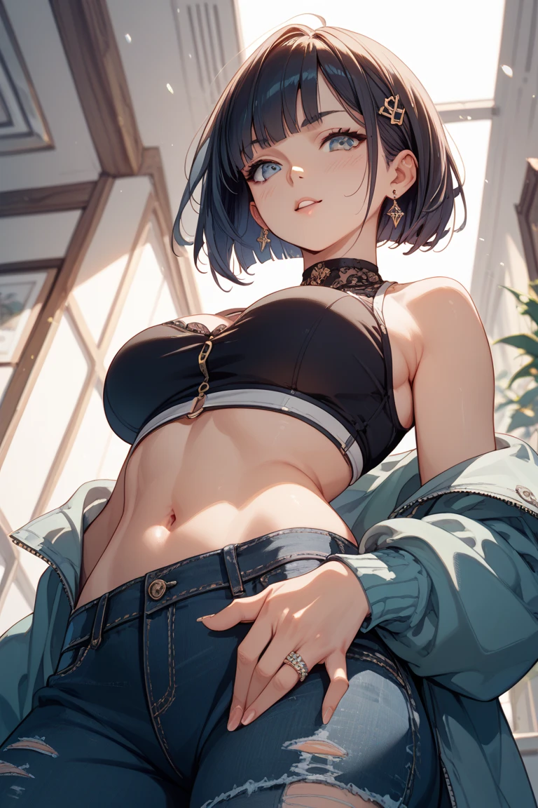 (masterpiece、Highest quality、Very detailed))、One girl、Black Hair、short hair、Grey Eyes、evil smile、((Grin))、((lots of piercing))、Large Breasts、((White tube top))、((Off the shoulder))、((Strapless))、((denim short shorts))、((pantyhose))、Cowboy Shot、Bedroom Background