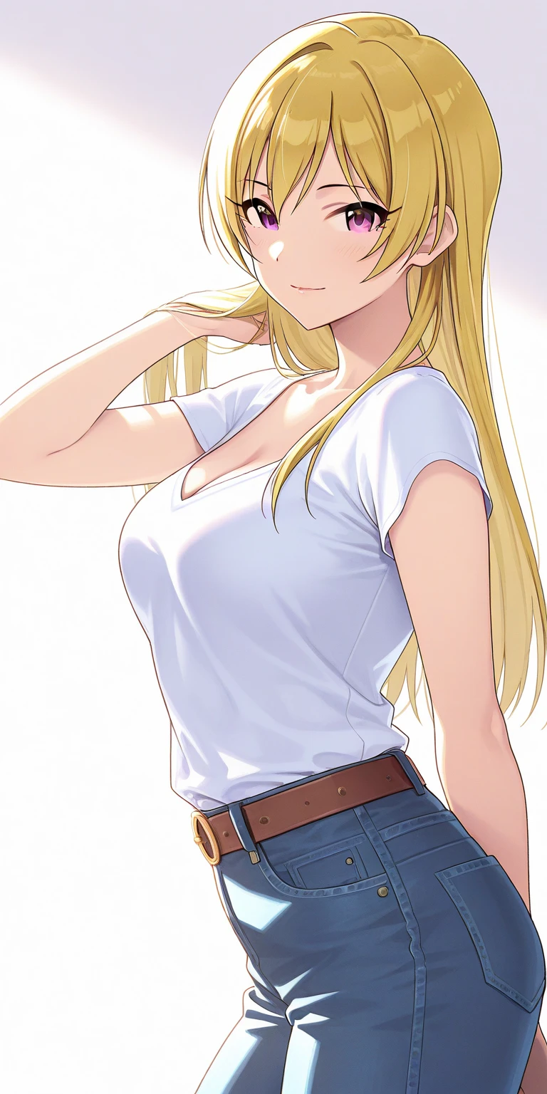 baby face, very long gold hair,blunt bangs:1.5,messy hair:1.5, (photorealistic:1.4), (masterpiece, sidelights, exquisite beautiful eyes: 1.5), masterpiece*portrait, realistic, 3D face,,kawaii face,front view: 1.5、 (glowing green eyes:1.2),plump face:1.5,(tareme:1.5)、(happy:1.5),Rosy Mouth,Slim Body,abs, shiny hair, shiny skin: 1.5、large breasts:1.3,solo,(Erotic forward bending posture:1.5)、(very short length white shirts with open chest)、(charactor focus:1.5、portrait)、cowboy shot