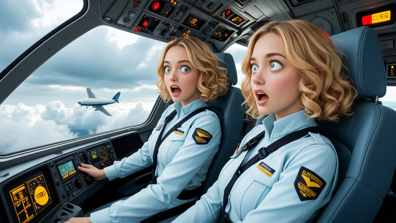 A group of American primary school students dressed in their bra and underwear, in the cockpit of her fighter jet. The fighter jet is on fire and falling, they are looking shocked and scared as they witness the crashes , photorealistic 8k, highly detailed