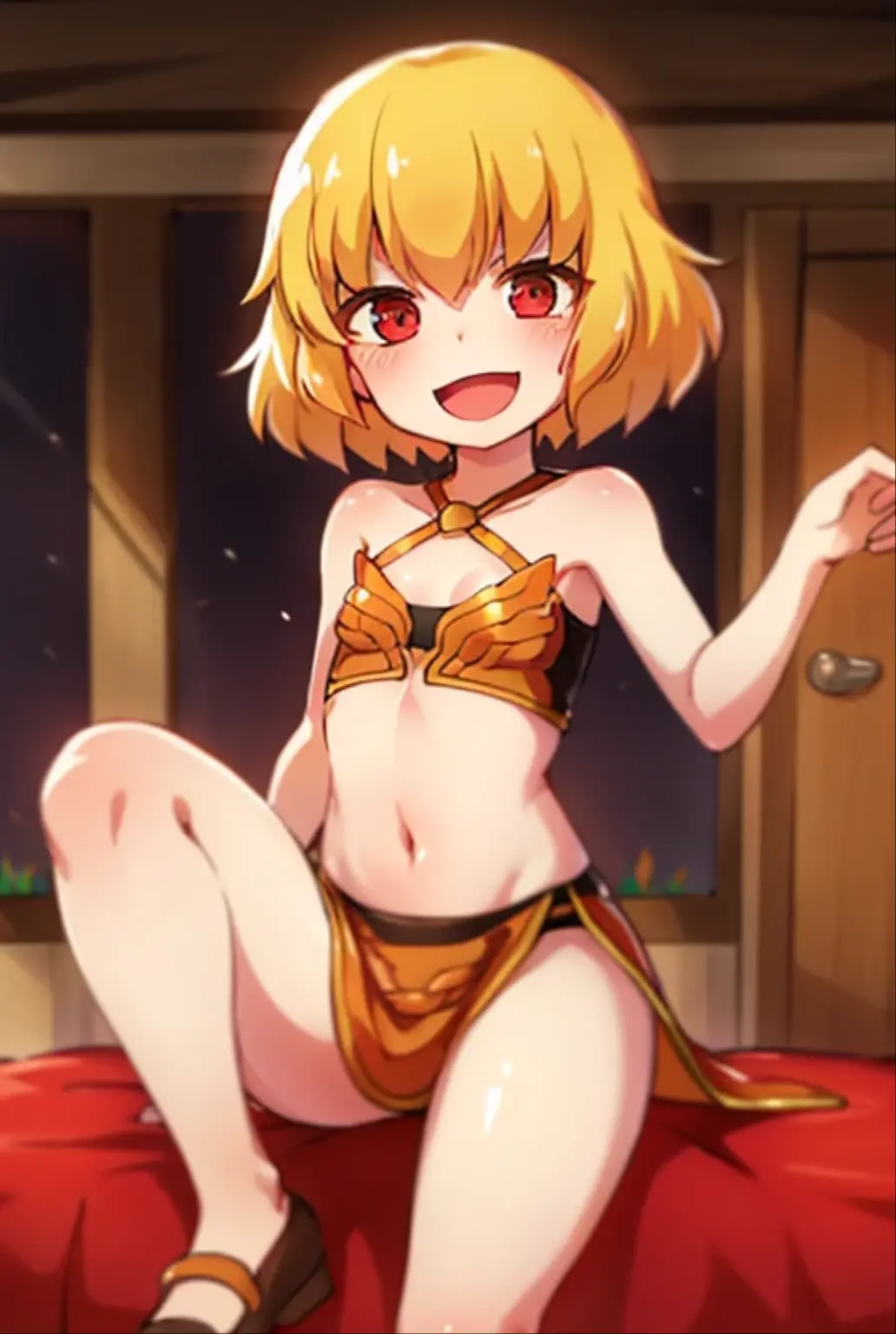 ((highest quality)), ((masterpiece)), (be familiar with), Perfect Face, indoor, Bedroom, Watching the audience,
One woman, Clementine,
Open Mouth, Ecstatic expression, blush, smile,
Small breasts, Flat Chest, Young Girl, , , Girl,
Short Hair, Golden Hair, Red eyes, Short Bob,
Leg spread,