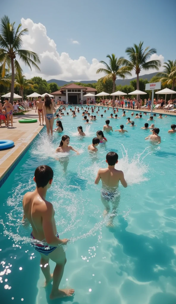 Enjoying at waterpark group of boys