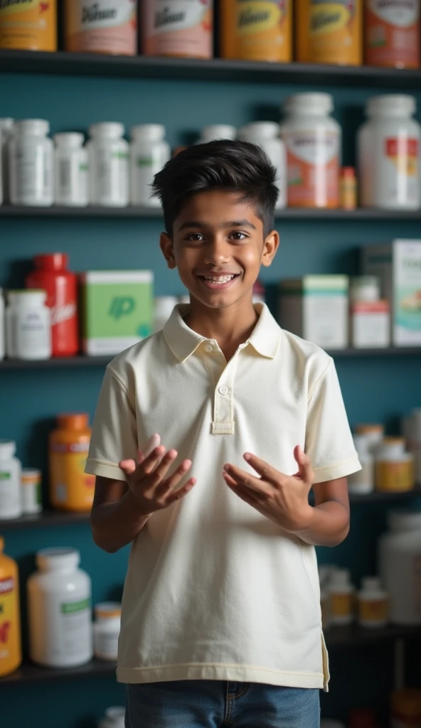 Dressed in a gray t-shirt, with a green ribbon ID card hanging around his neck, the black-haired boy is smiling and giving water bottles to others.